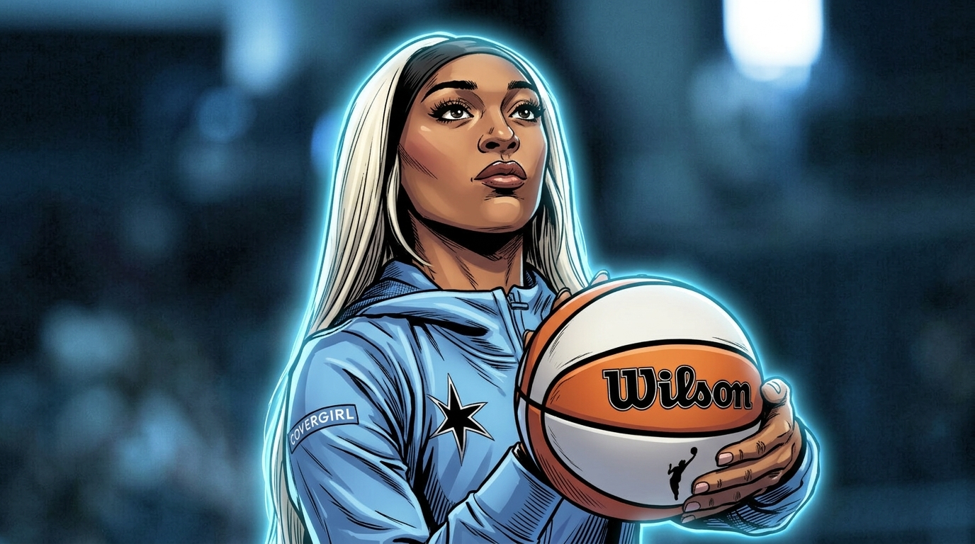Comic-style illustration of DiJonai Carrington in a light blue Chicago Sky warmup hoodie holding a basketball, neon rim glow effect over a blurred arena background