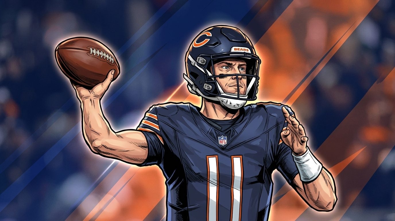Comic-style illustration of Case Keenum throwing a pass in a Chicago Bears jersey, geometric light streaks effect in navy and orange