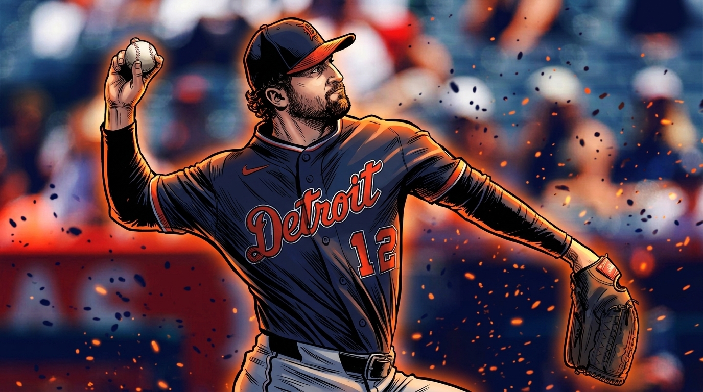 Comic-style illustration of Casey Mize mid-pitch in a dark navy Detroit Tigers alternate jersey, number 12, navy cap, orange particle-field ember effect over a stadium crowd background