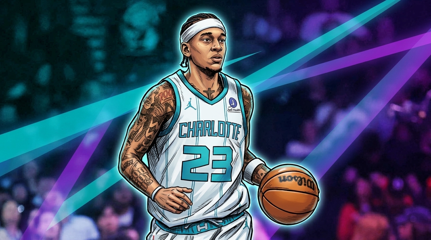 Comic-style illustration of Tre Mann dribbling in his Charlotte Hornets uniform, teal and white jersey with the number 23, set against a purple and cyan light-streak background, ahead of his trade to the Cleveland Cavaliers.