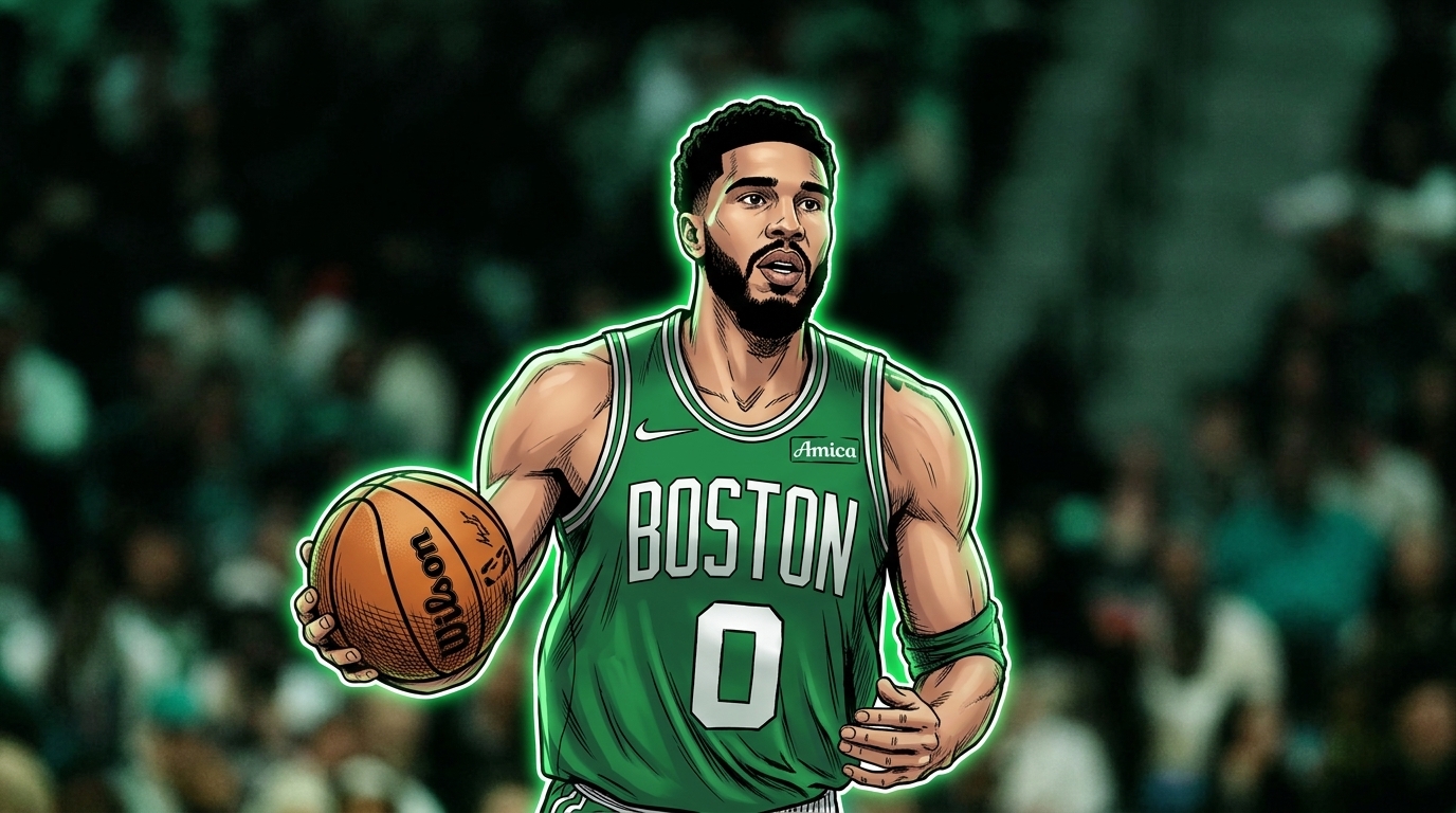 Jayson Tatum dribbles in green Celtics road jersey in comic book style with neon rim glow effect