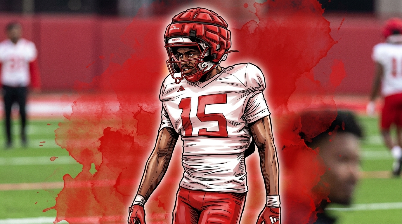 Comic-style illustration of Bengals cornerback Ceyair Wright walking the sideline in a red ink-wash effect