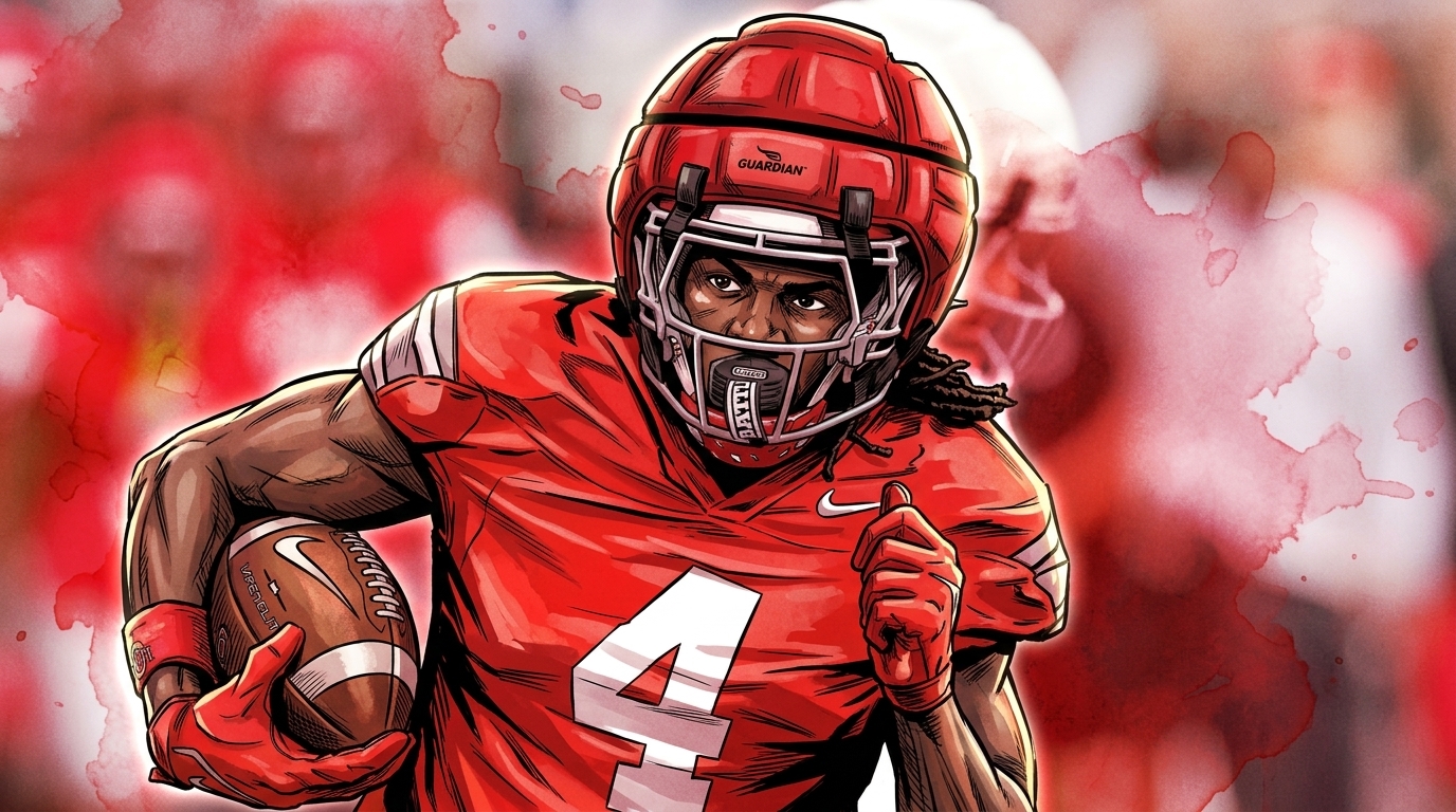 Comic-style illustration of Ohio State wide receiver Jeremiah Smith running with the ball in a scarlet ink-wash effect