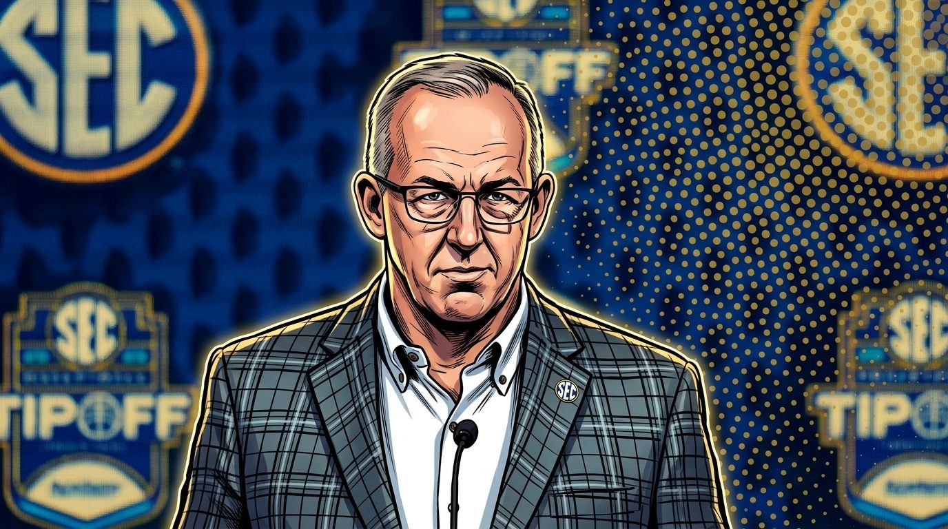 Comic-book ink-outline illustration of SEC commissioner Greg Sankey at a podium in front of an SEC Tipoff backdrop, rendered in navy-and-gold Ben-Day dot halftone shading with a gold rim glow.