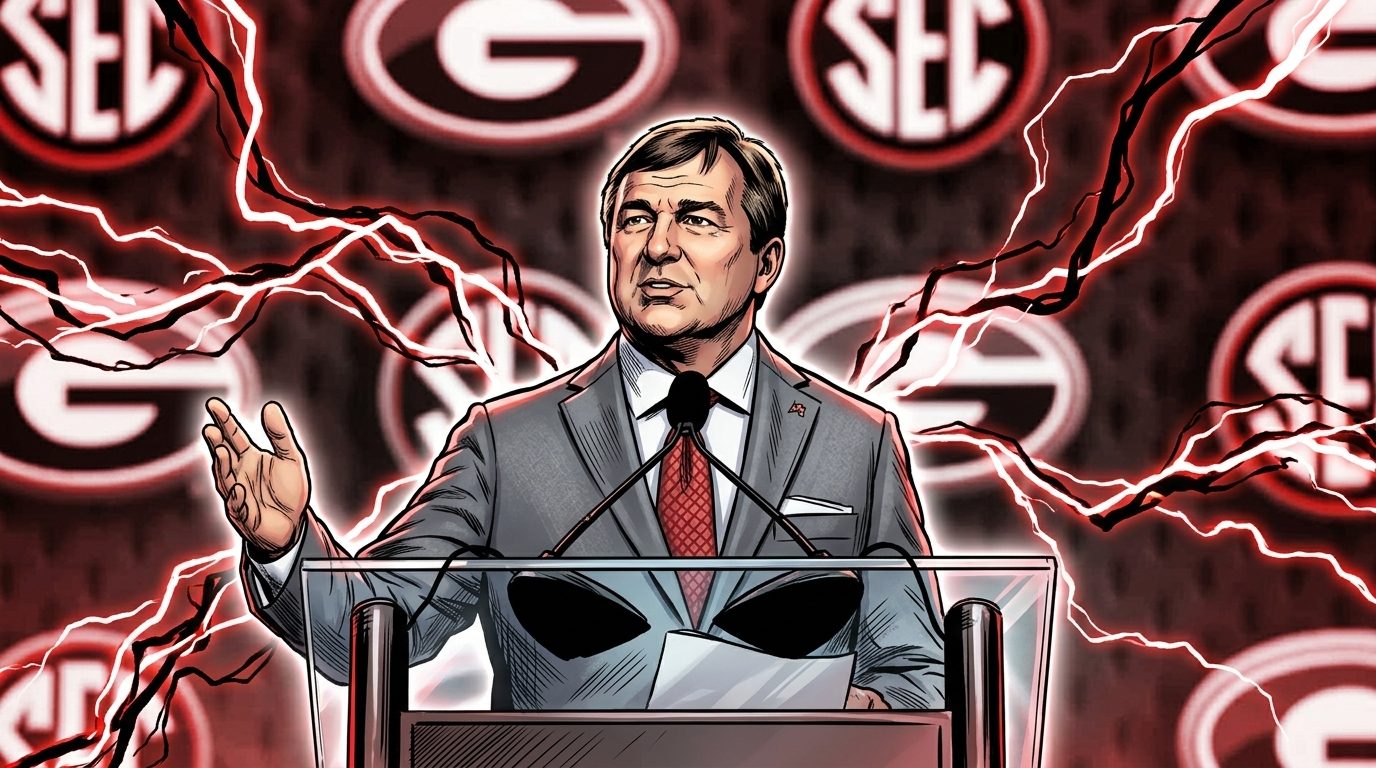 Comic-style illustration of Georgia Bulldogs head coach Kirby Smart at a podium in a gray suit and red tie, red electric-energy lightning effect, Georgia and SEC logos in the blurred background