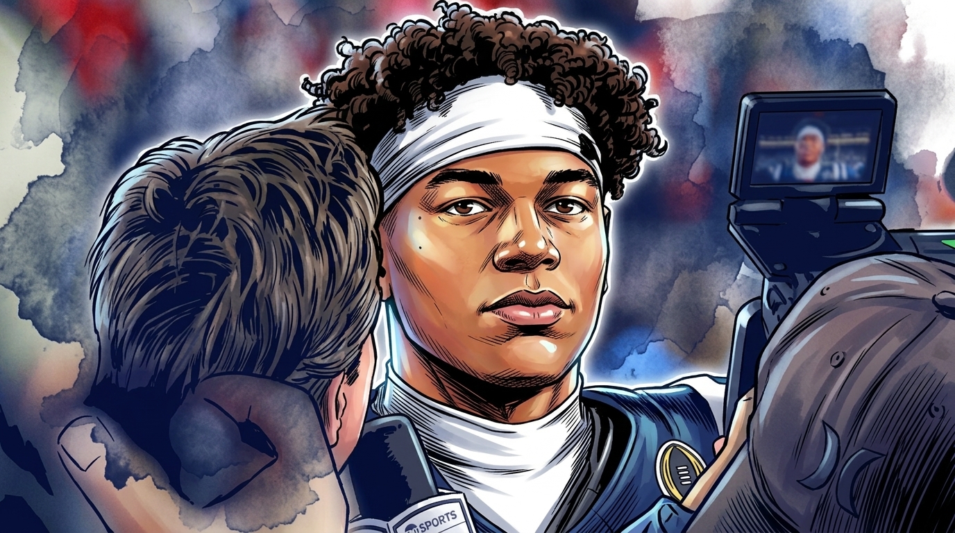 Comic-style illustration of Trinidad Chambliss in a navy Ole Miss pullover being interviewed, ink-wash watercolor bleed effect over a blurred stadium crowd background