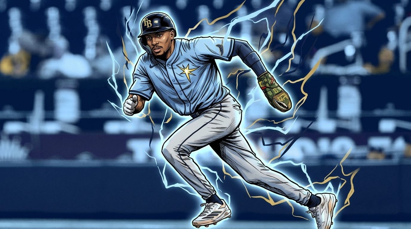 Comic-style illustration of Chandler Simpson in a Tampa Bay Rays jersey with an electric energy effect — Swipe Sports