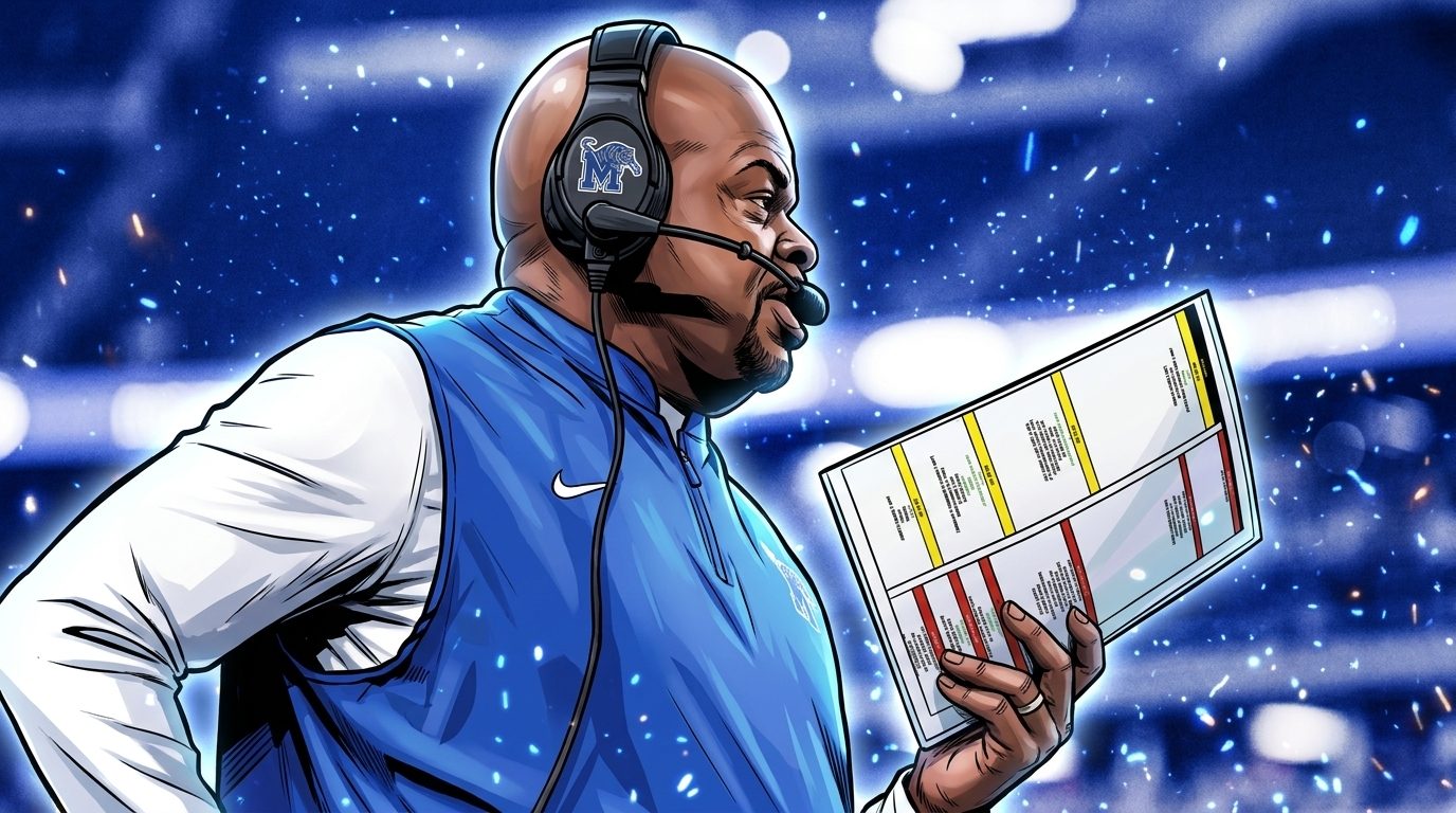 Comic-style illustration of Memphis Tigers head coach Charles Huff in profile on the sideline, wearing a royal blue Nike quarter-zip vest with white sleeves and a Memphis Tigers headset, holding a play chart, blue particle-field effect drifting across a blurred stadium background