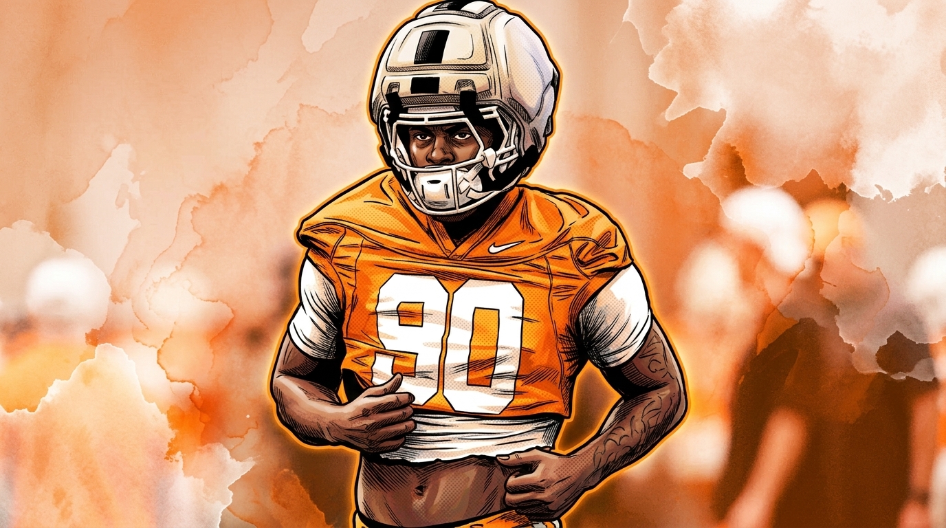 Chaz Coleman in Tennessee orange jersey and helmet, watercolor smoke effect
