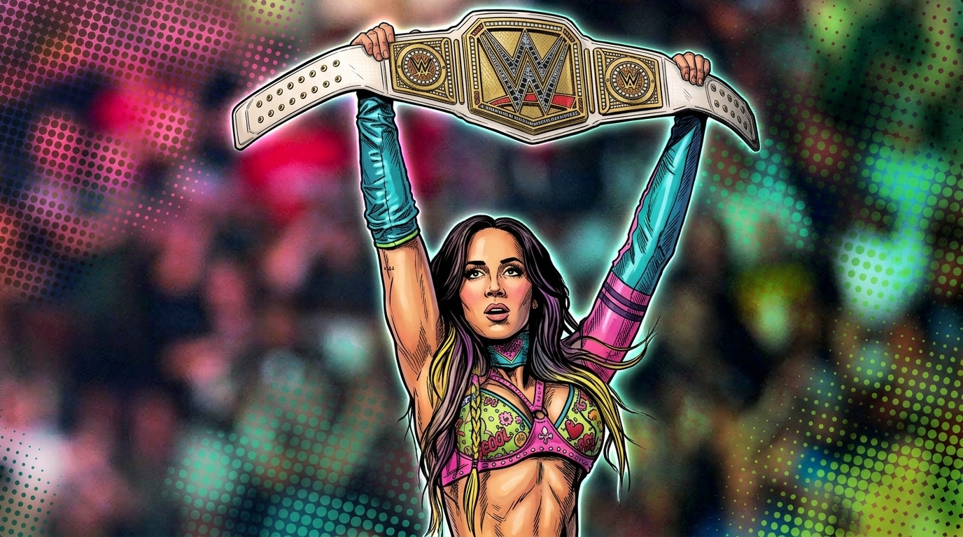 Chelsea Green in comic book illustration style holding the WWE Women's Championship overhead, halftone dot effect over a stadium crowd background