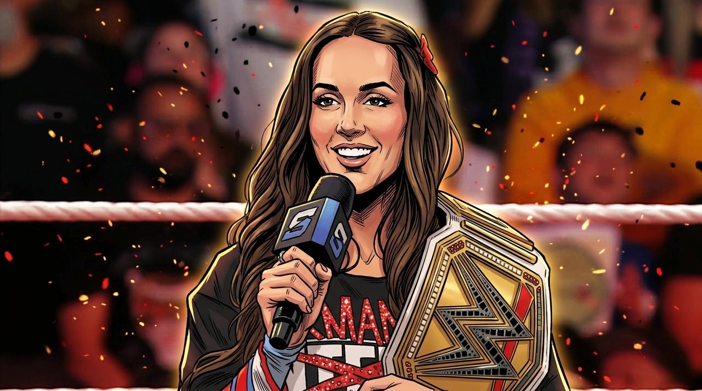 Chelsea Green in comic book illustration style holding the WWE Women's Championship and a microphone in-ring, particle-field ember effect over a stadium crowd background
