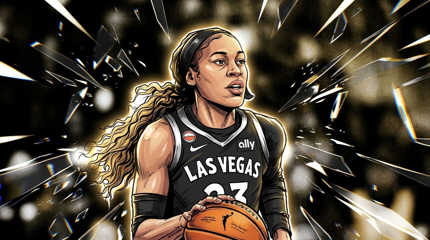 Chennedy Carter Las Vegas Aces guard in comic book illustration style with chromatic dispersion effect