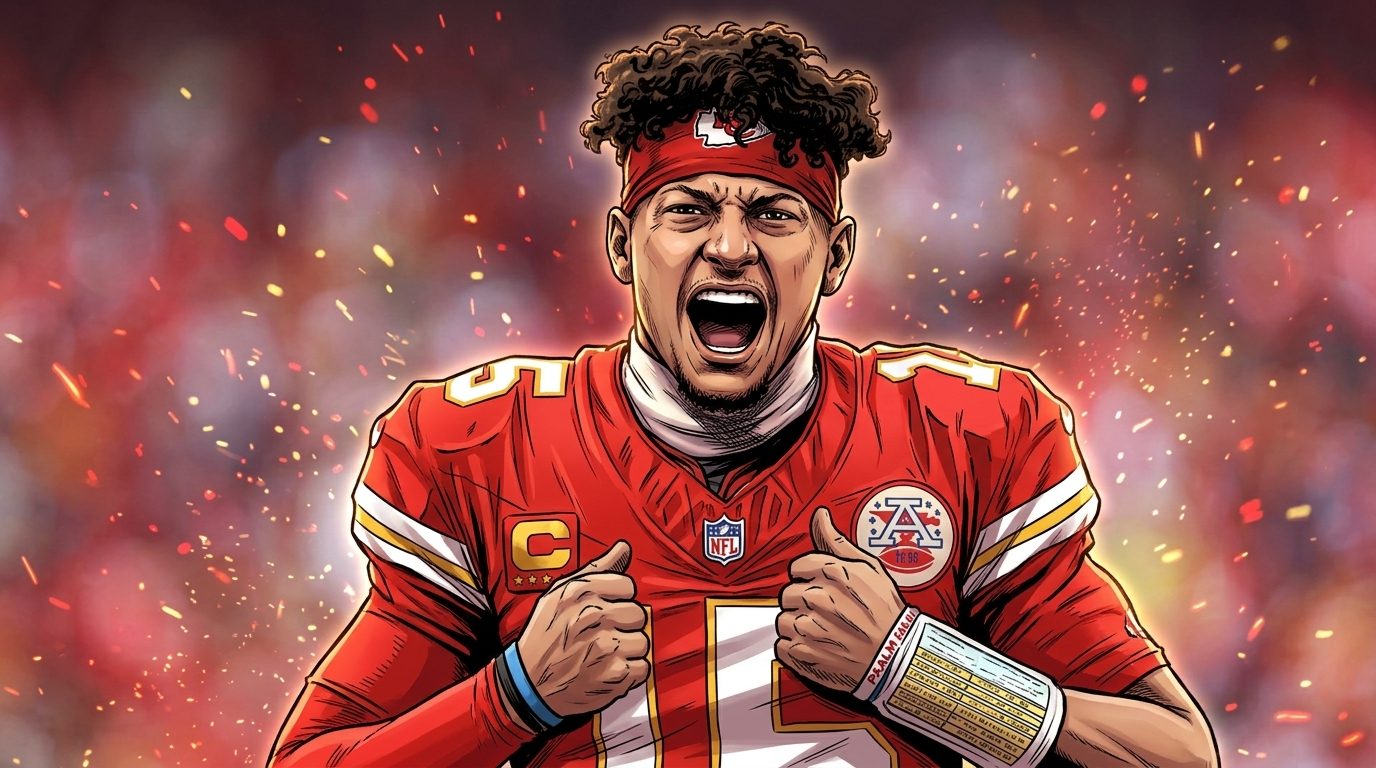 Comic-style illustration of Patrick Mahomes fired up in the red Kansas City Chiefs #15 home game uniform and red headband, floating-ember spark effect, blurred Arrowhead crowd background