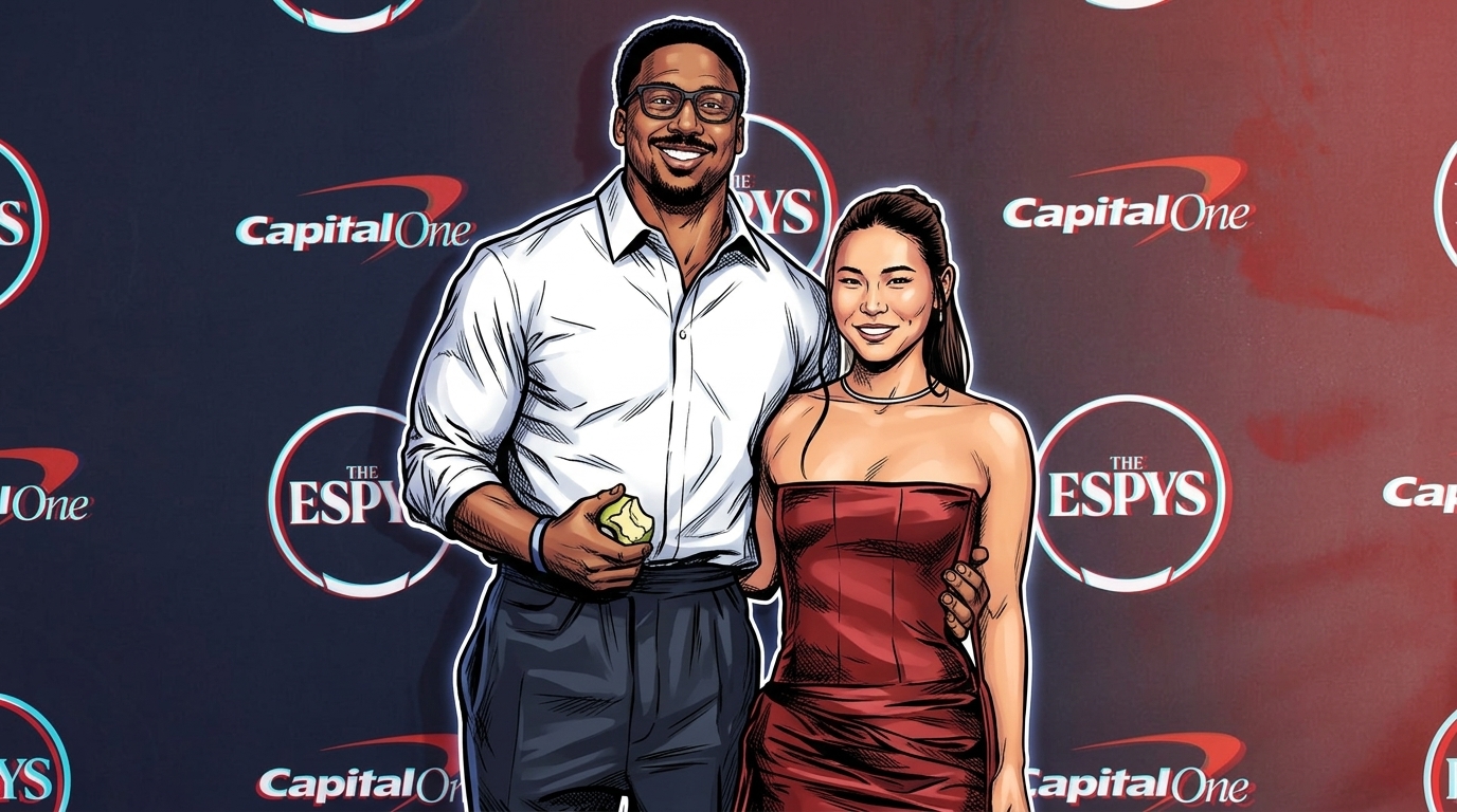 Myles Garrett and Chloe Kim smiling together on the ESPYs red carpet, comic-book illustration with chromatic dispersion effect — Swipe Sports