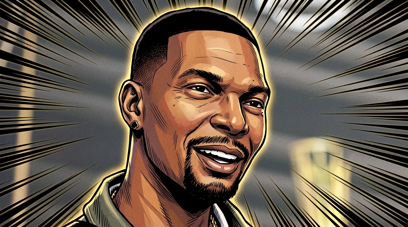 Comic-book style illustration of Chris Bosh smiling in an olive jacket with a black and gold shockwave effect radiating behind him