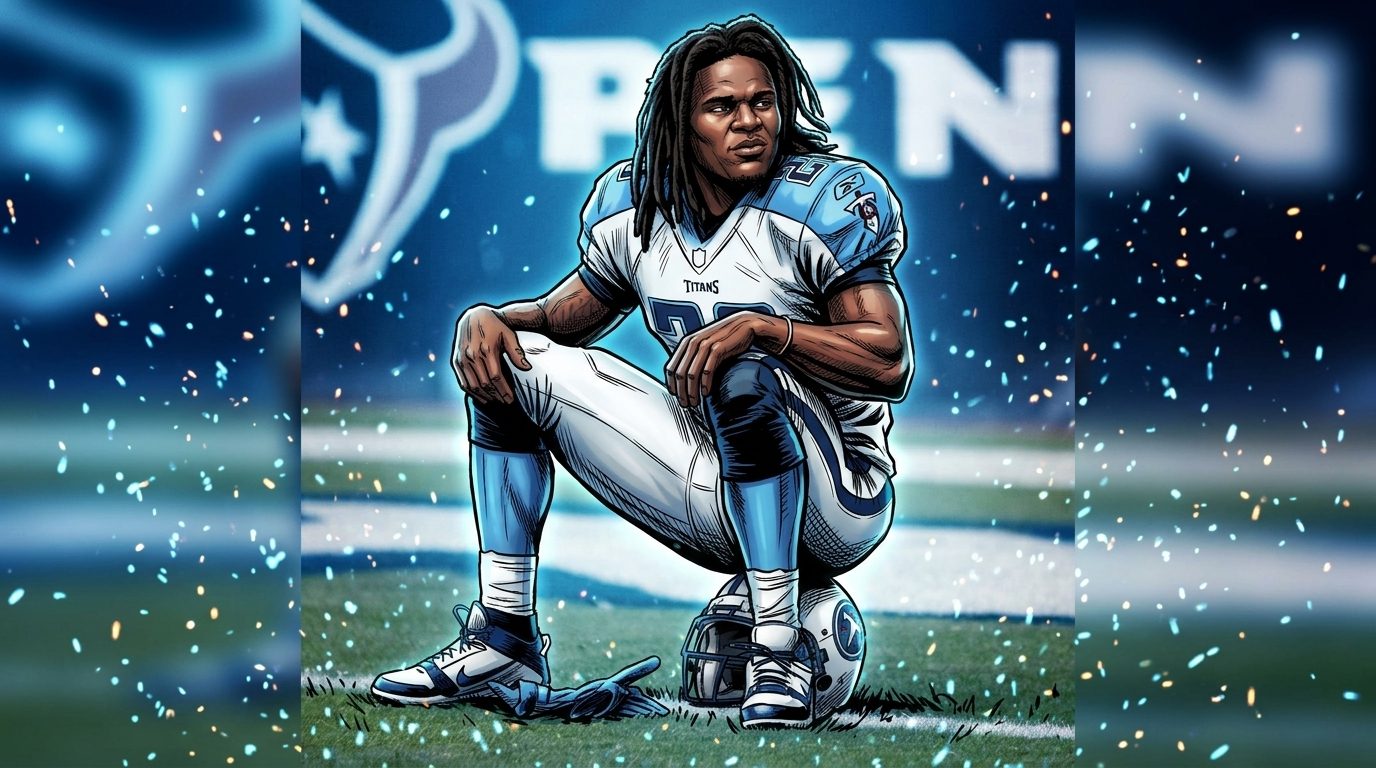 Comic-book styled illustration of Chris Johnson in a Tennessee Titans jersey seated on his helmet on the sideline