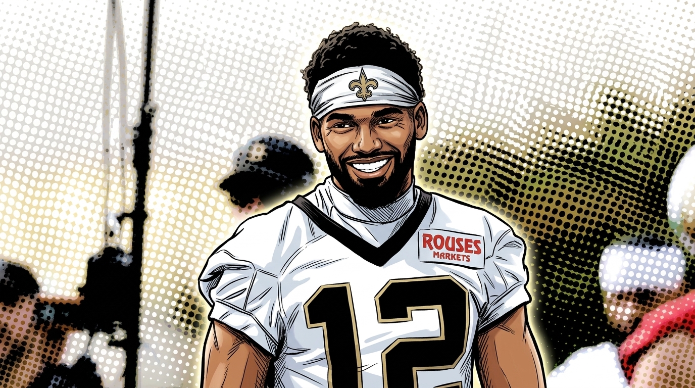 Chris Olave in comic style with classic halftone dot effect, black and gold color wash — Swipe Sports