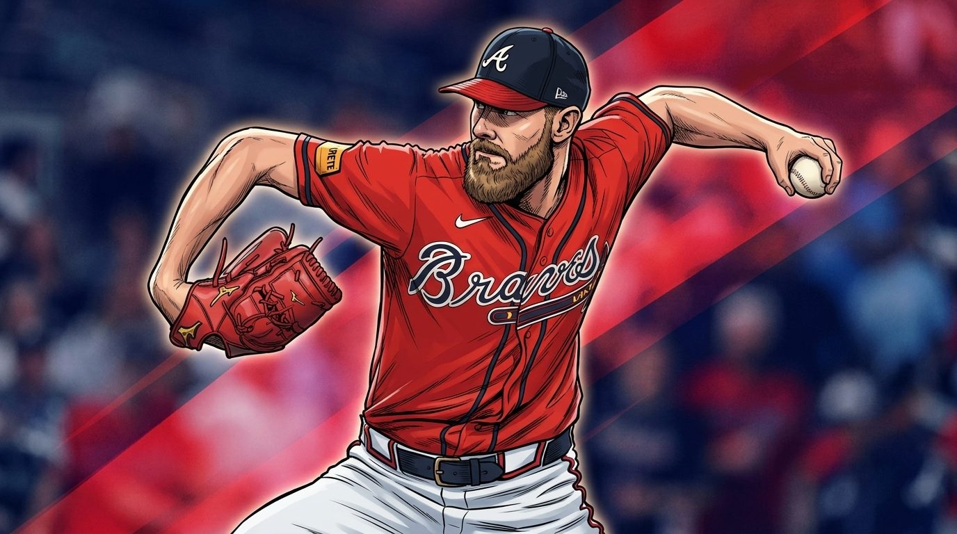 Chris Sale of the Atlanta Braves mid-delivery in comic book style with a red and navy geometric light-streak effect