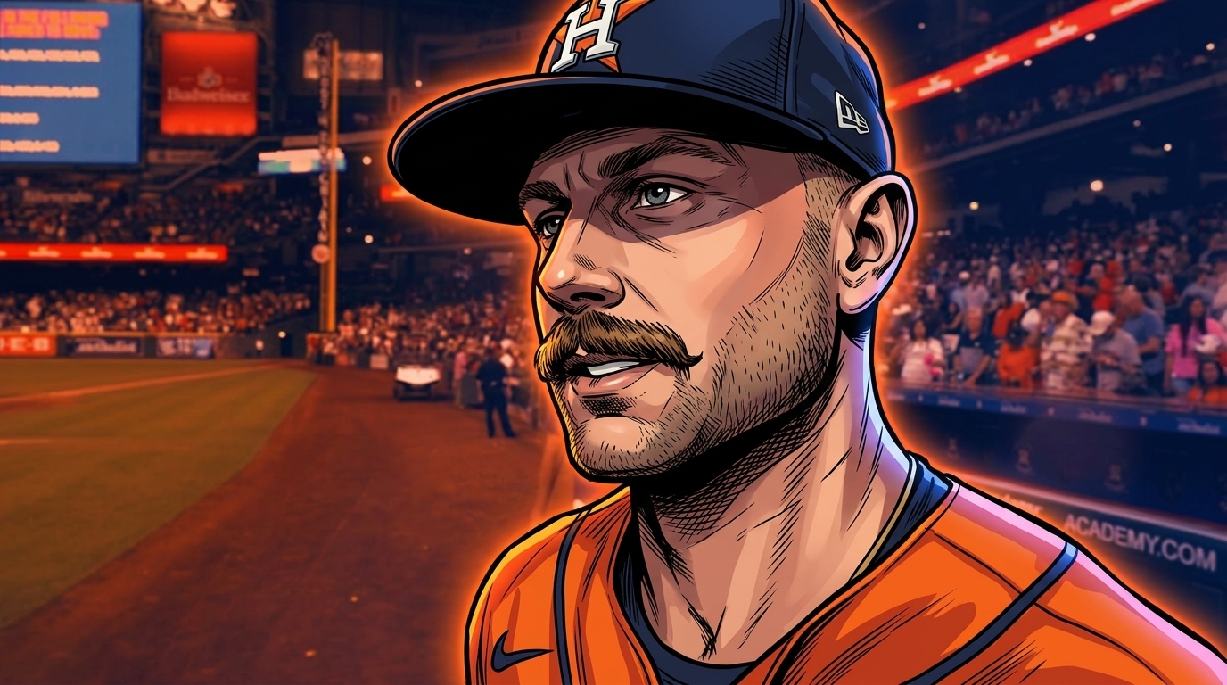 Comic-style illustration of Astros first baseman Christian Walker in an orange jersey and navy Astros cap, standing on the field at Daikin Park with the crowd and scoreboard visible behind him