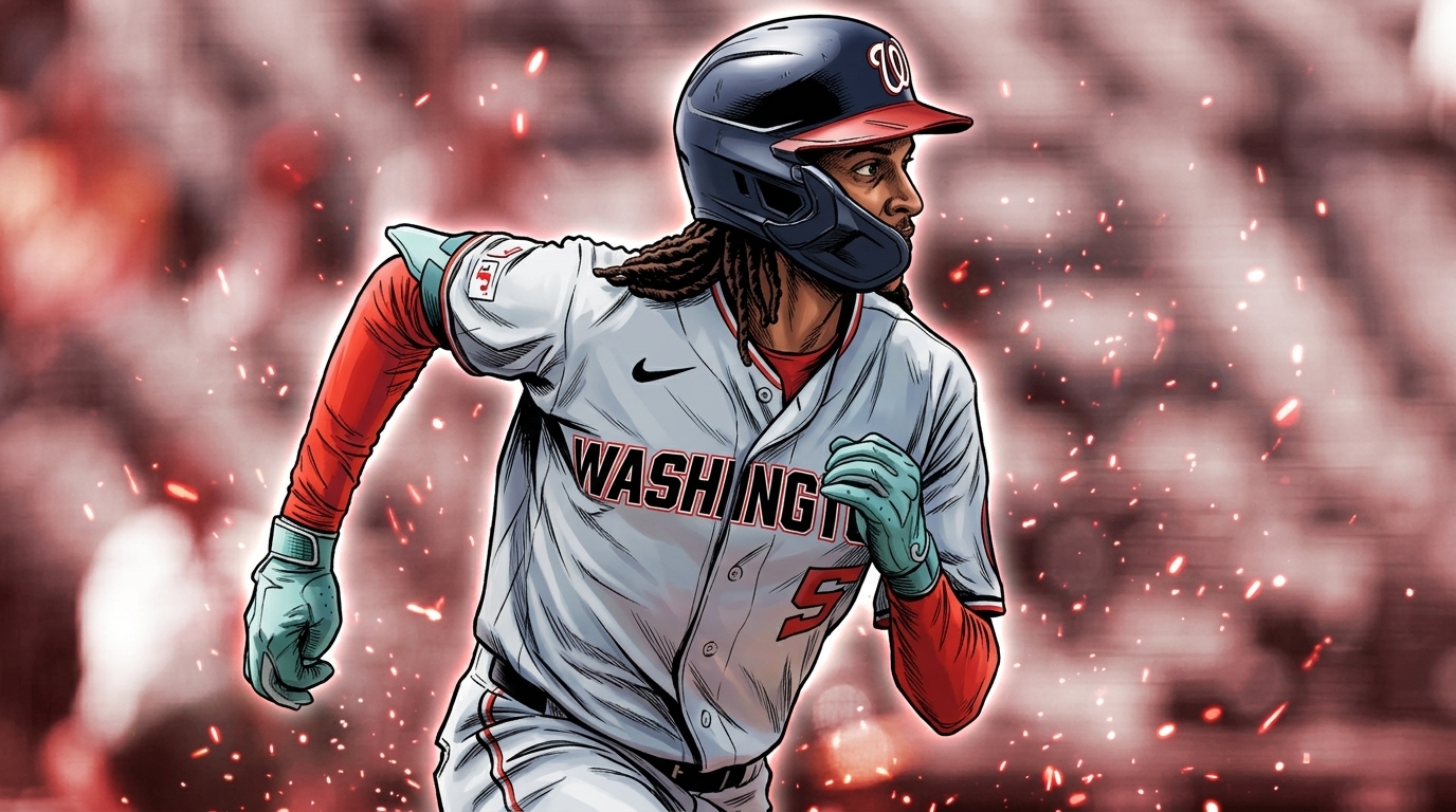 Comic book illustration of CJ Abrams sprinting in a gray Washington Nationals road jersey, number 5, red particle and floating ember effect on the background