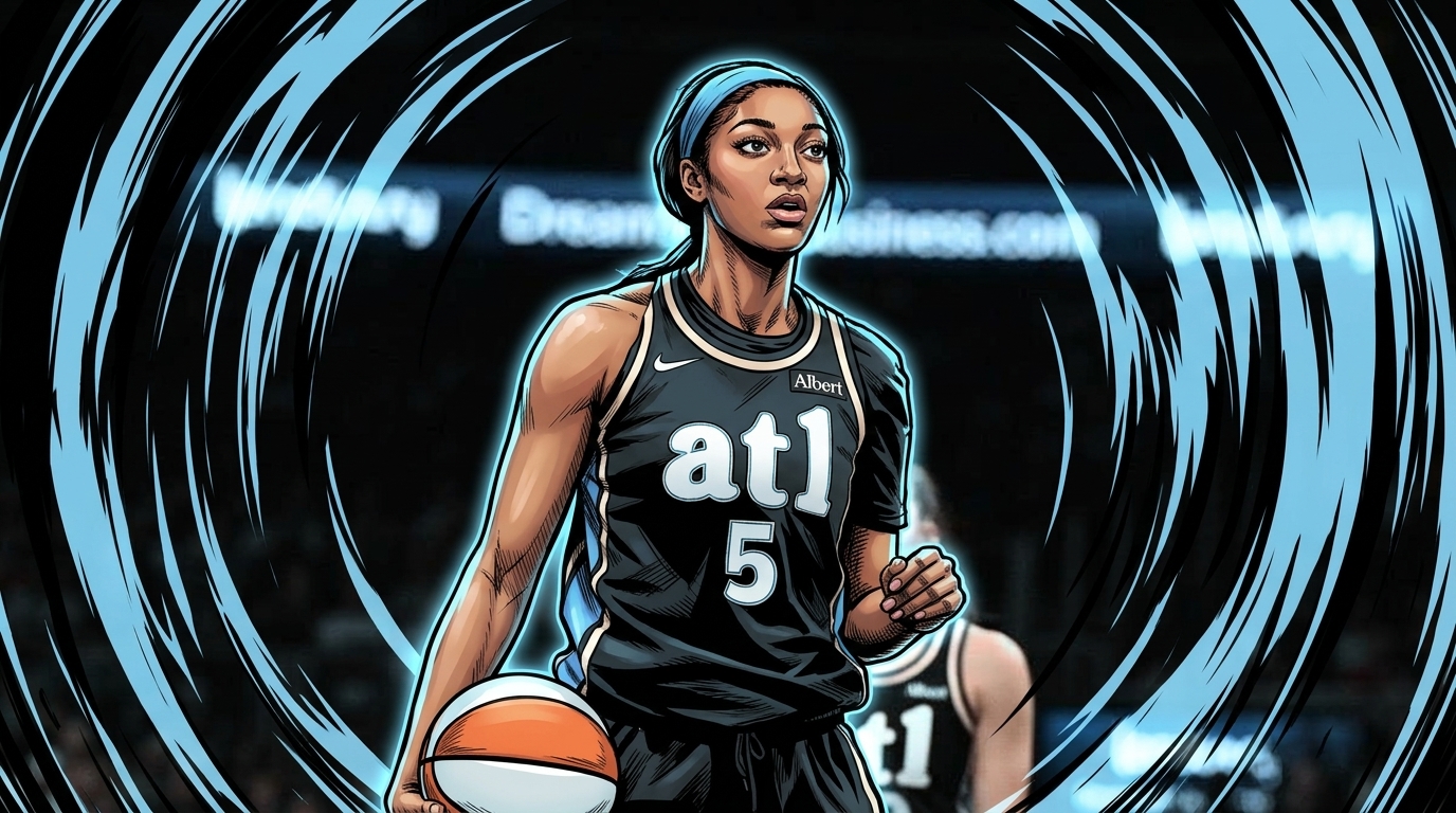 Comic-style illustrated portrait of Angel Reese in an Atlanta Dream jersey holding a basketball, shockwave rings in the background