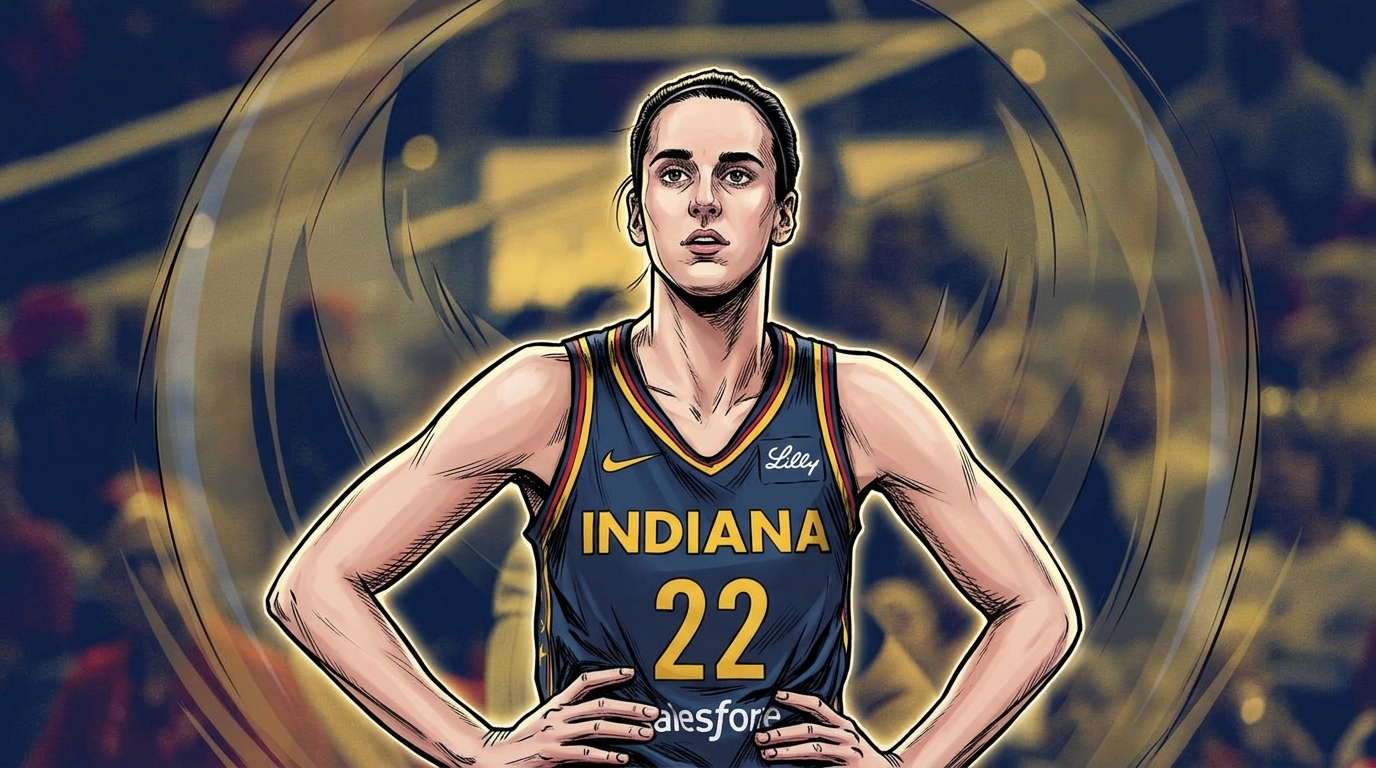 Comic-style illustrated portrait of Caitlin Clark in an Indiana Fever jersey, hands on her hips, staring ahead under stadium lights