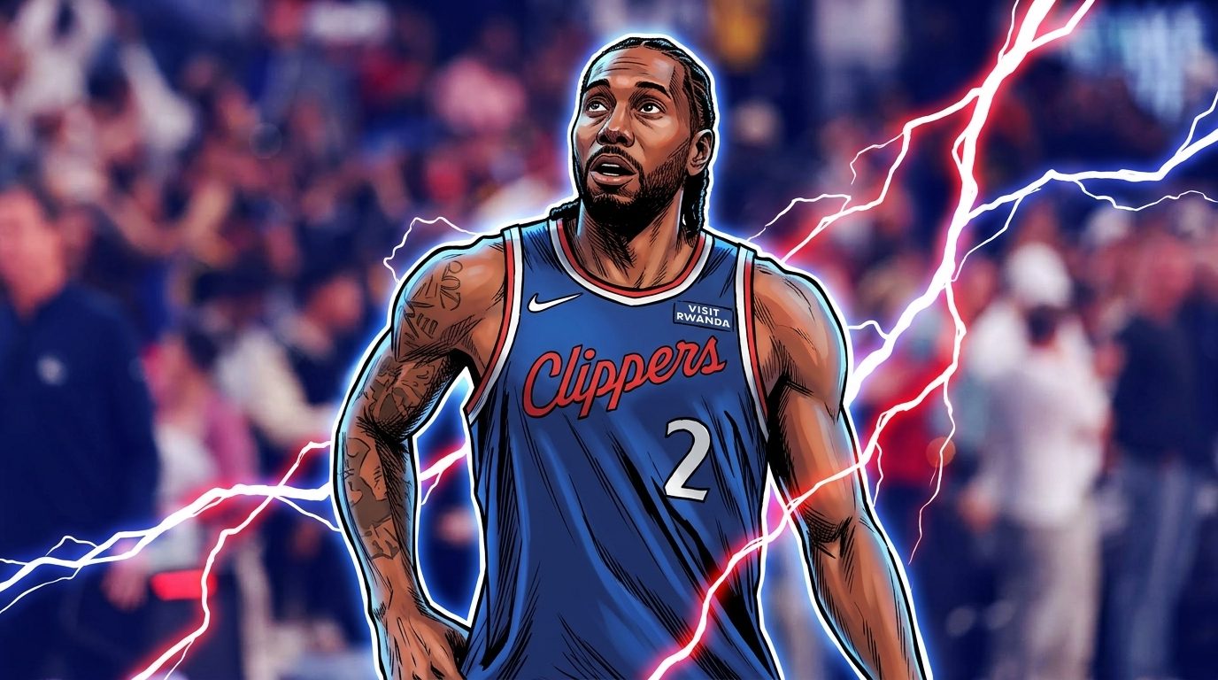 Kawhi Leonard, comic-styled in a navy Clippers alternate jersey with red-and-blue electric energy effects, set against a blurred arena crowd