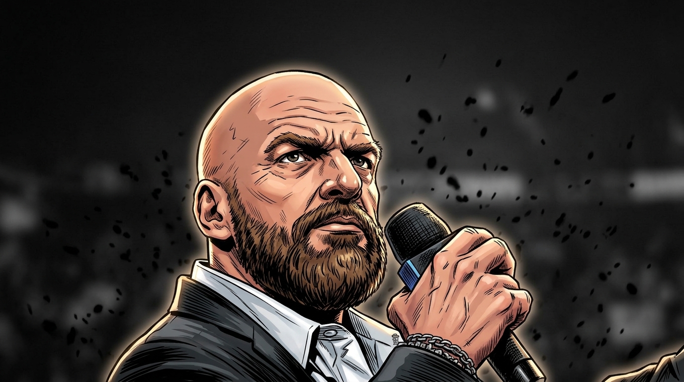 Triple H speaks into a microphone in a Marvel comic book illustration — Swipe Sports