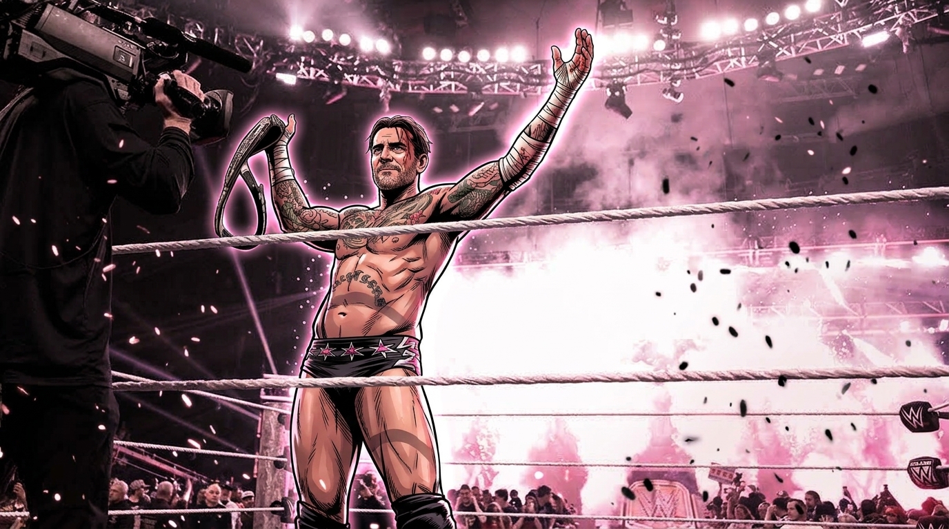 Comic-style illustration of CM Punk raising his arms in the ring, championship belt in hand, tattooed arms wrapped in tape, pink pyro and truss lighting behind him