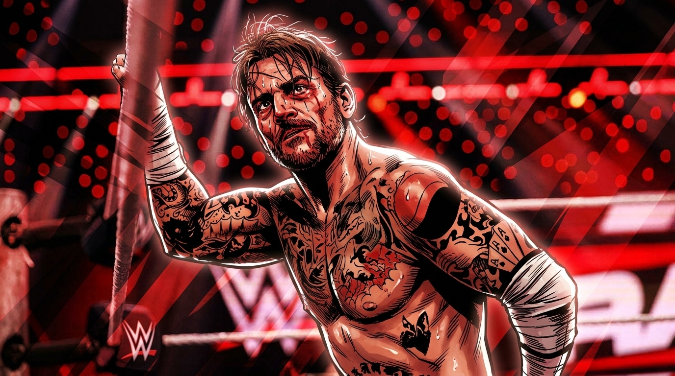 CM Punk in comic book illustration style with red-toned geometric light streaks, gripping the top rope in a WWE ring