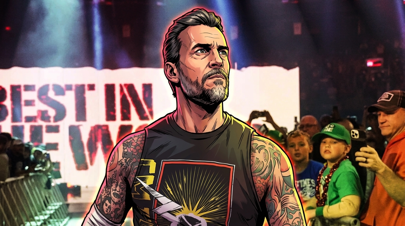 Comic-style neon rim glow illustration of CM Punk in a black tank top with tattoo sleeves, standing under a 'Best in the World' arena entrance banner