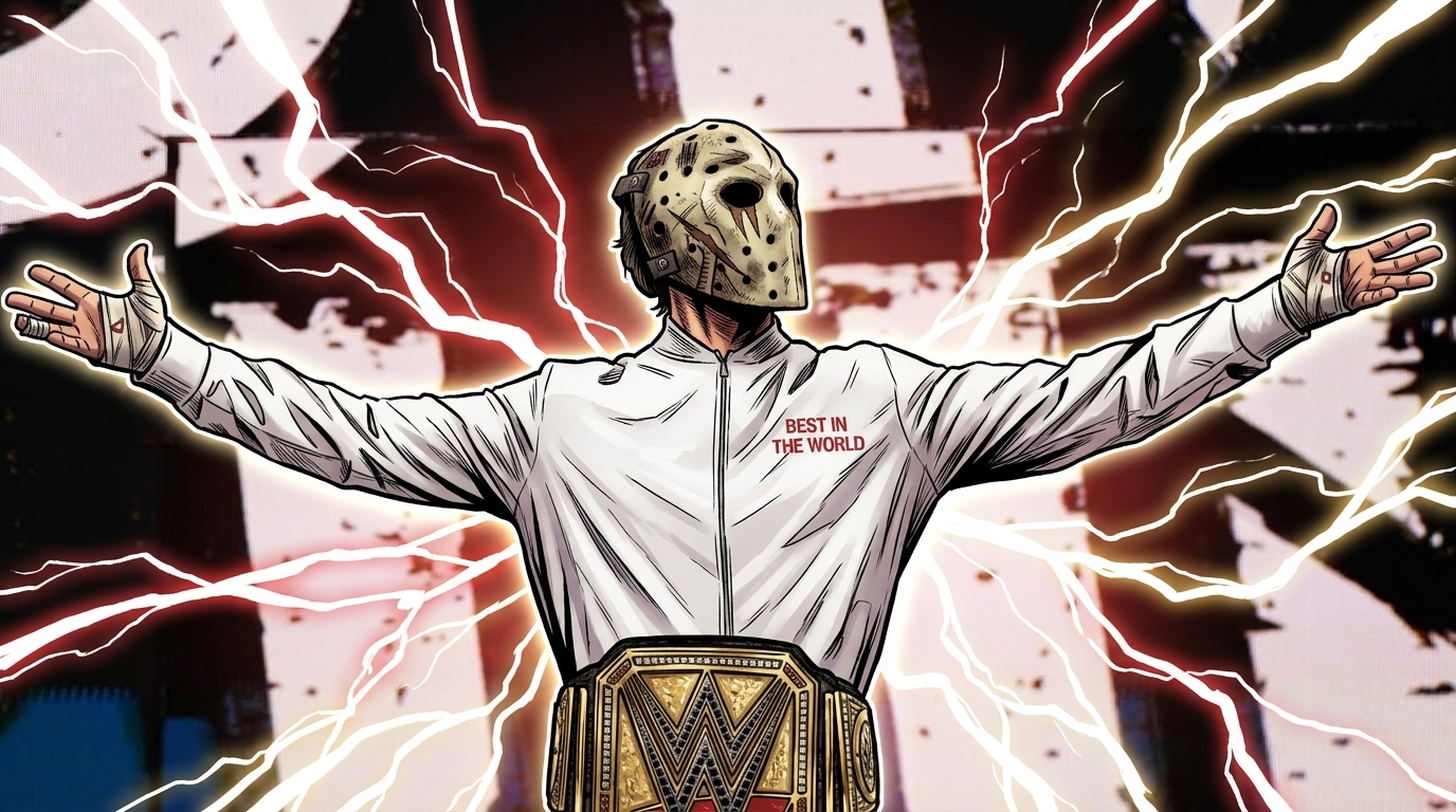 CM Punk rendered as a comic book illustration in his goalie mask tribute to his late dog Larry, arms outstretched under a lightning/electric energy effect -- Swipe Sports