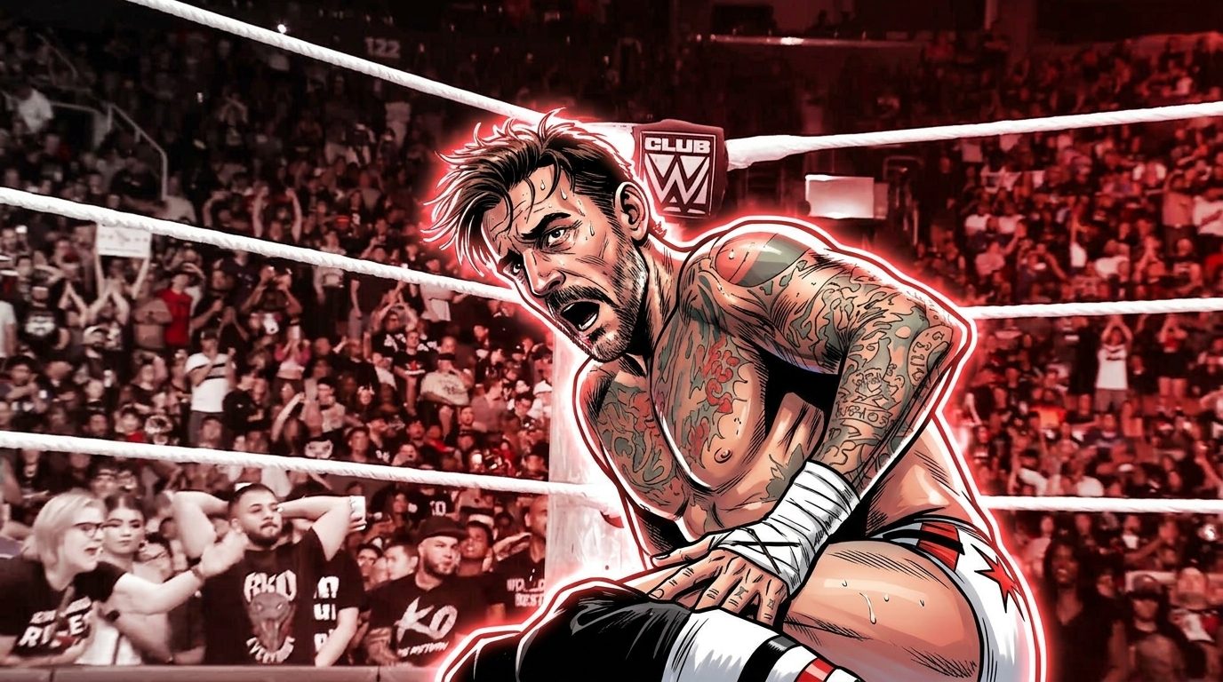 Comic-book illustration of CM Punk crouched in the ring gripping his wrapped wrist, red neon rim-glow outline, tattoos visible, blurred packed-crowd background tinted red