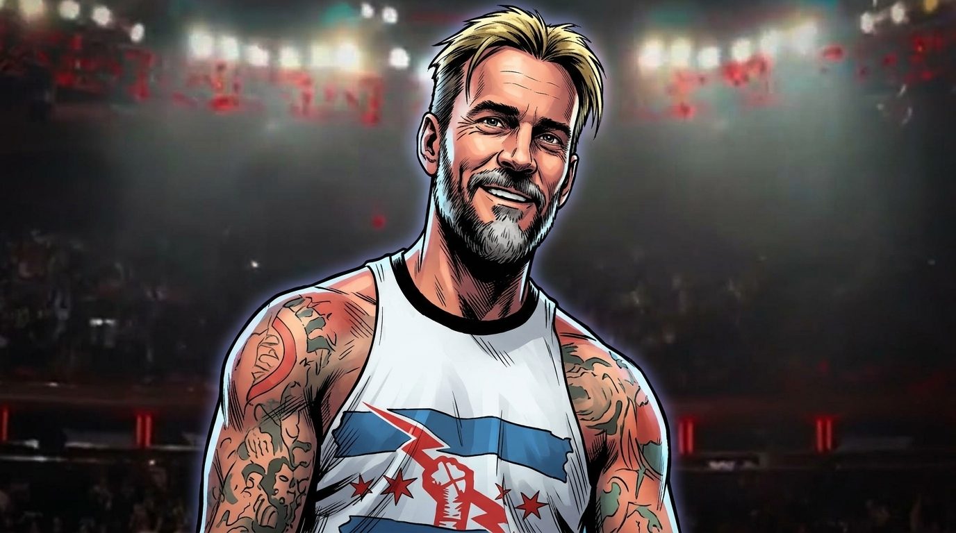 CM Punk, in comic-style illustration, smiles in a WWE arena with the crowd blurred in the background