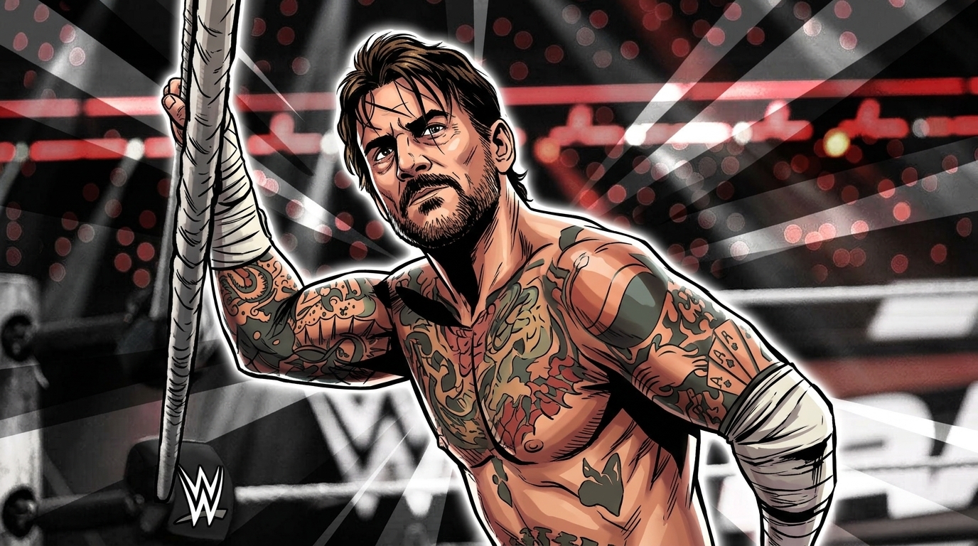 CM Punk grabbing a ring rope in comic book illustration style with geometric light streaks