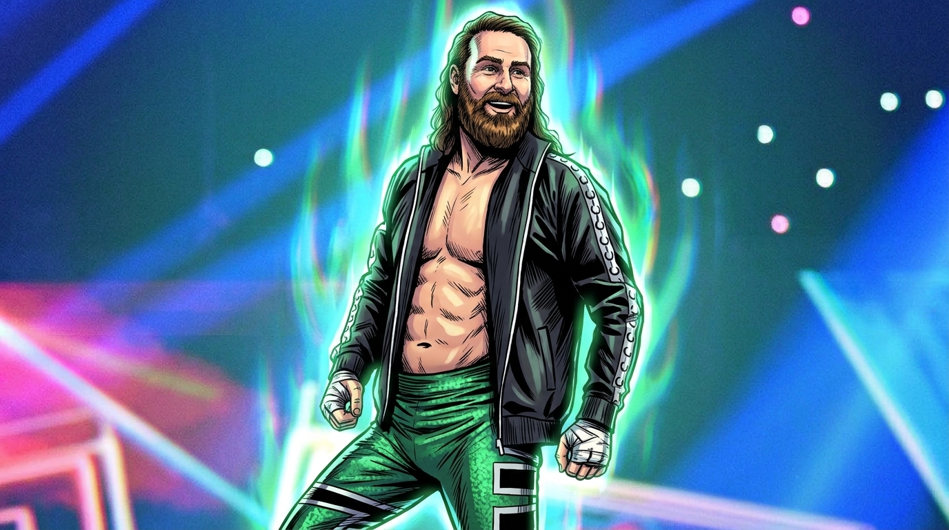 Sami Zayn in comic cel-shaded illustration, solo entrance shot with chromatic dispersion green glow effect