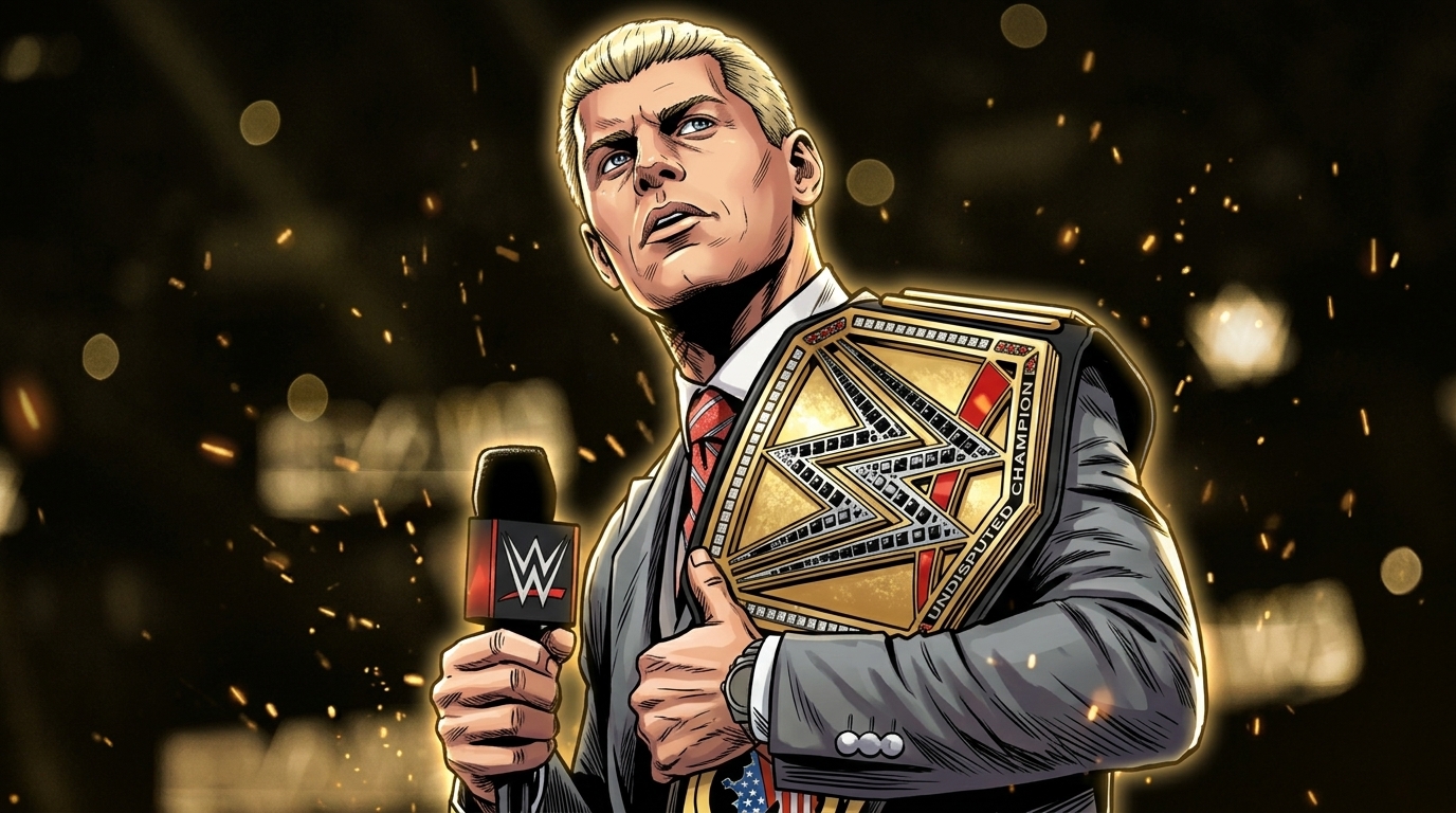 Cody Rhodes illustrated in comic book style in a gray suit and red tie, holding the WWE Championship belt and a WWE microphone, with a gold particle-ember effect over a dark arena background
