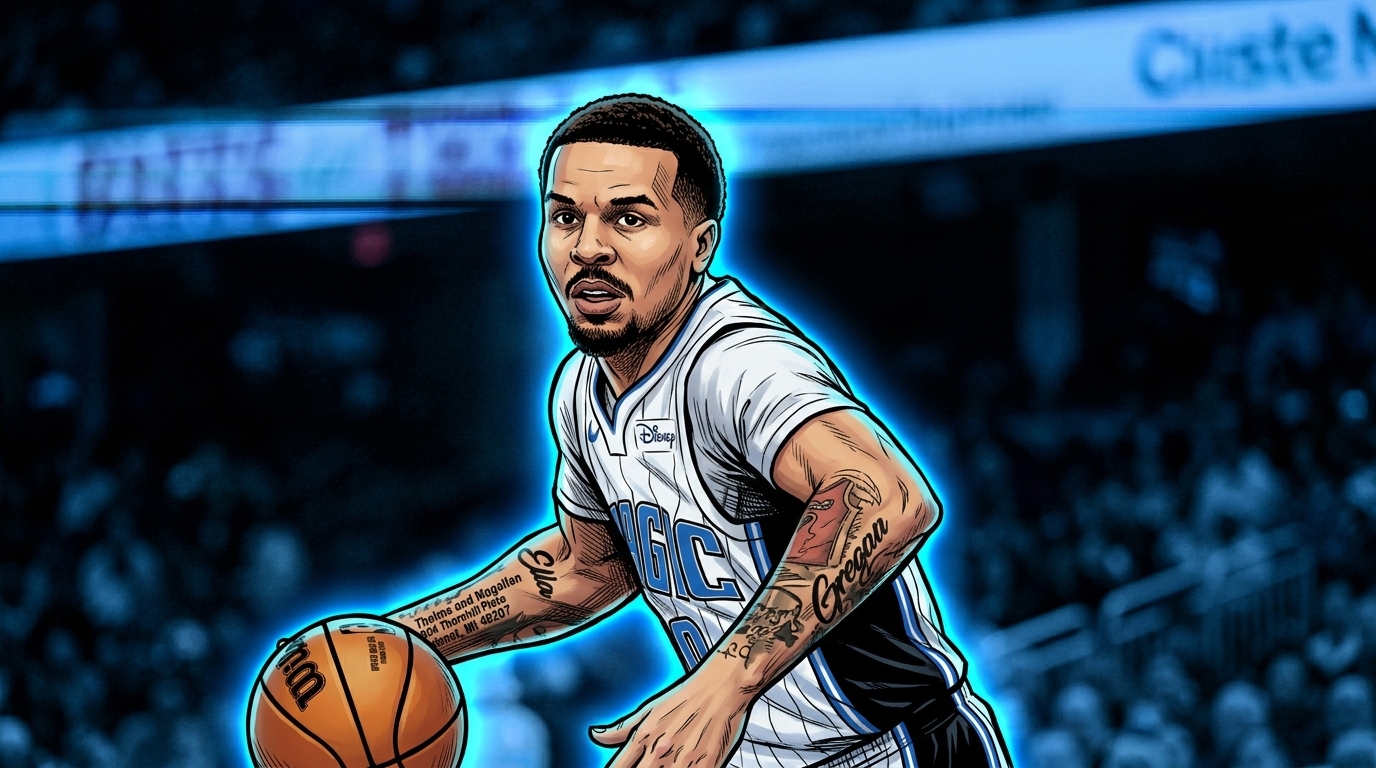 Cole Anthony comic-book style illustration driving with the ball in his Orlando Magic uniform, blue neon rim glow effect