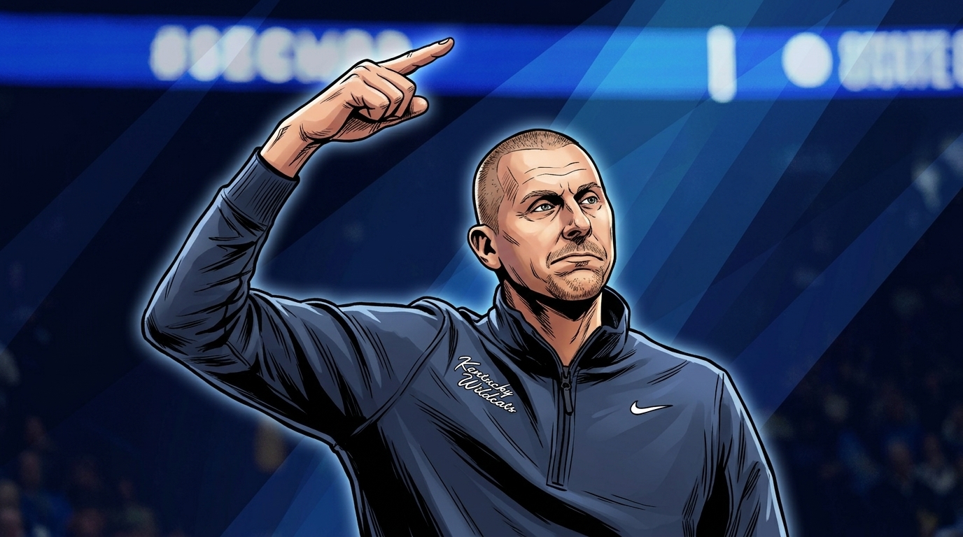 Kentucky head coach Mark Pope pointing upward during a game, illustrated in comic style