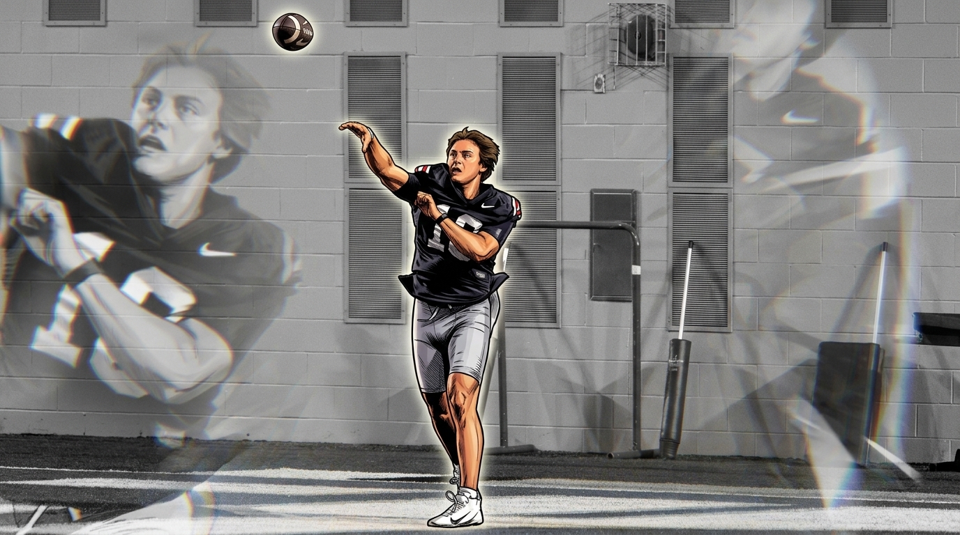 Comic-style illustration of an Ohio State Buckeyes quarterback throwing a pass, rendered with a chromatic-dispersion motion-echo effect