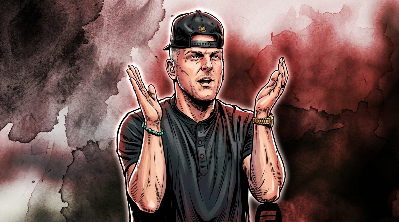 Comic-style ink-wash illustration of Pat McAfee gesturing with both hands raised while speaking on an ESPN broadcast, charcoal-to-red watercolor bleed effect in the background -- editorial image for coverage of the college football viewership ratings debate.