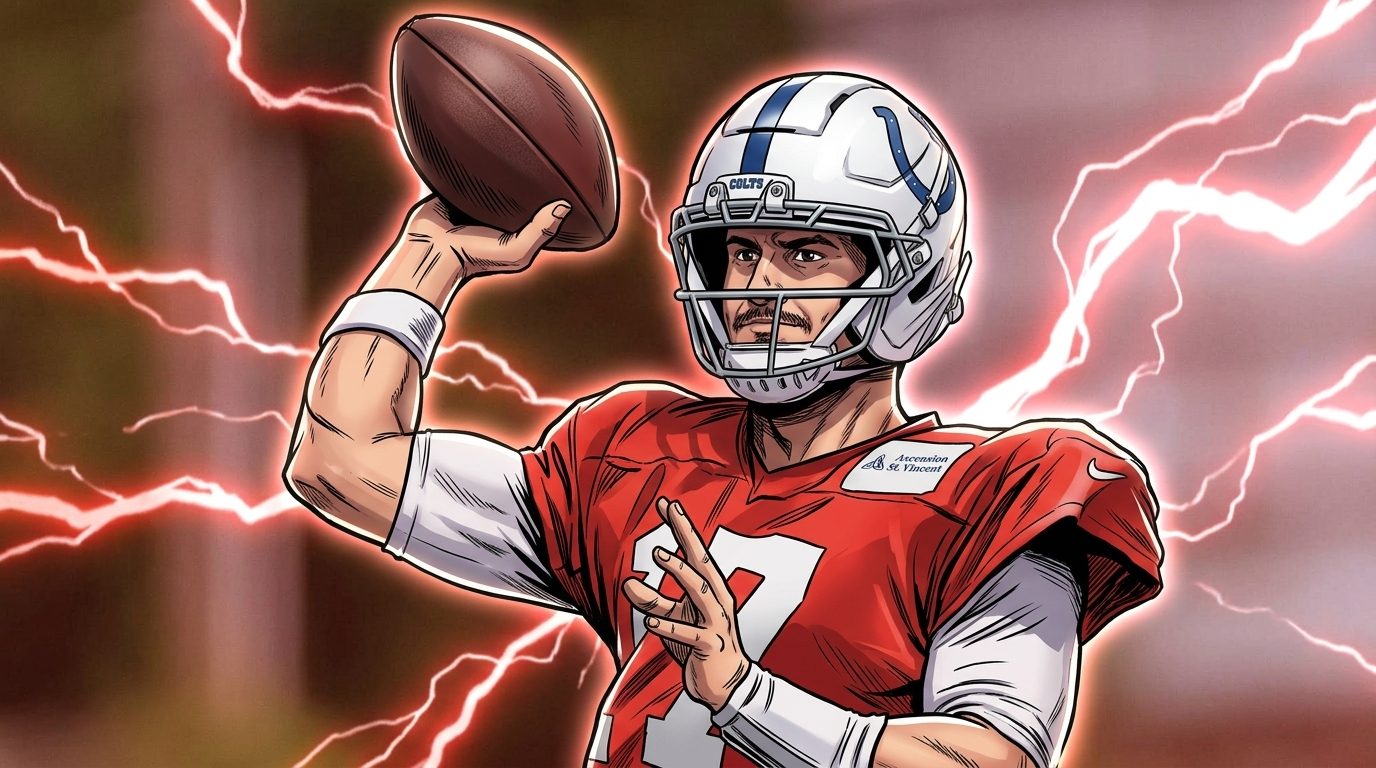 Indianapolis Colts quarterback Daniel Jones in team uniform, comic-style illustration with electric energy effect