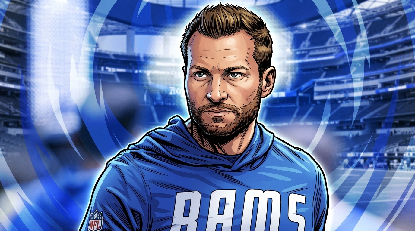 Comic-style illustration of Rams head coach Sean McVay in a blue hoodie with a shockwave effect background