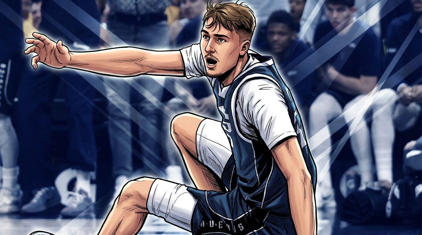 Comic-style illustration of Dallas Mavericks rookie Cooper Flagg seated on the court in his navy jersey, reaching out with his left arm after an injury, blue geometric light-streak effect radiating behind him