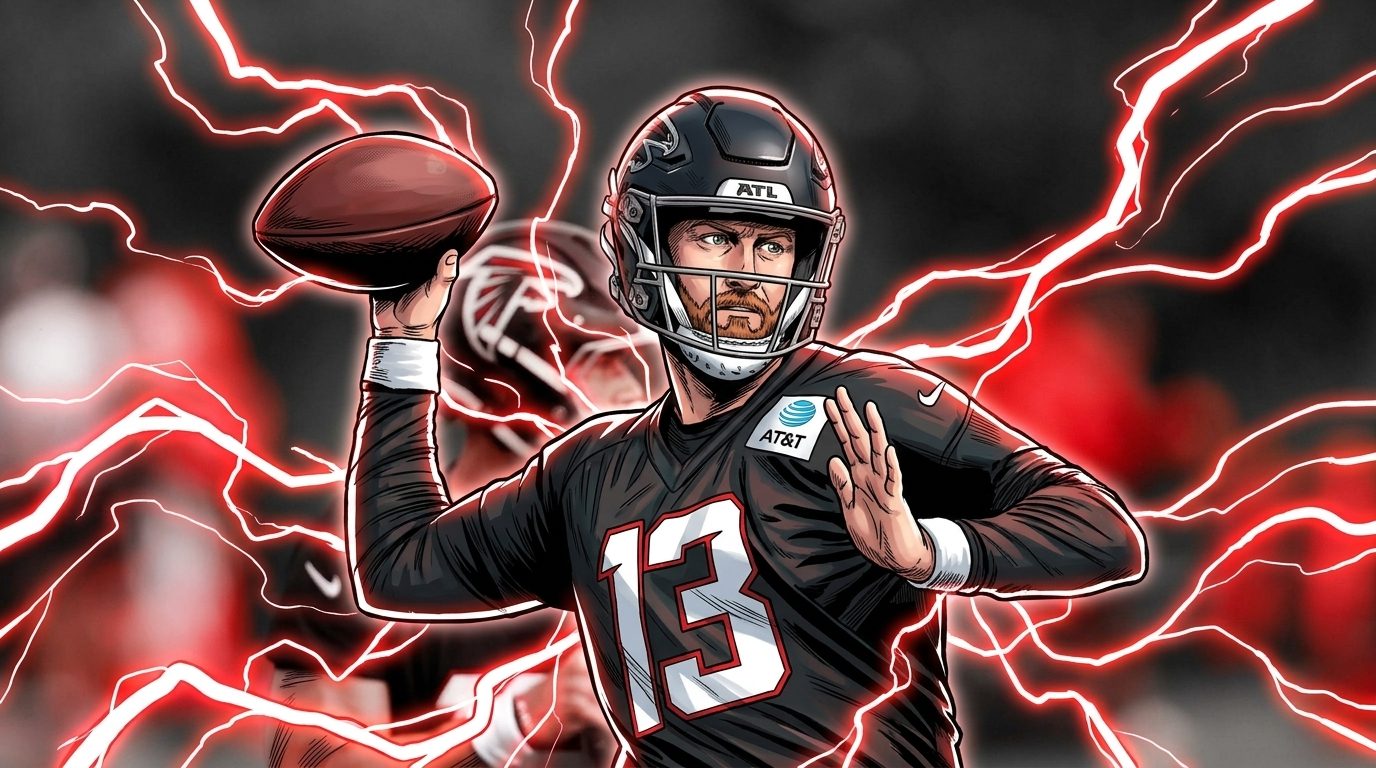 Comic-style illustration of Atlanta Falcons quarterback Cooper Rush in his black practice jersey, number 13, throwing motion, red-and-white electric-energy lightning wash over a blurred practice-field background