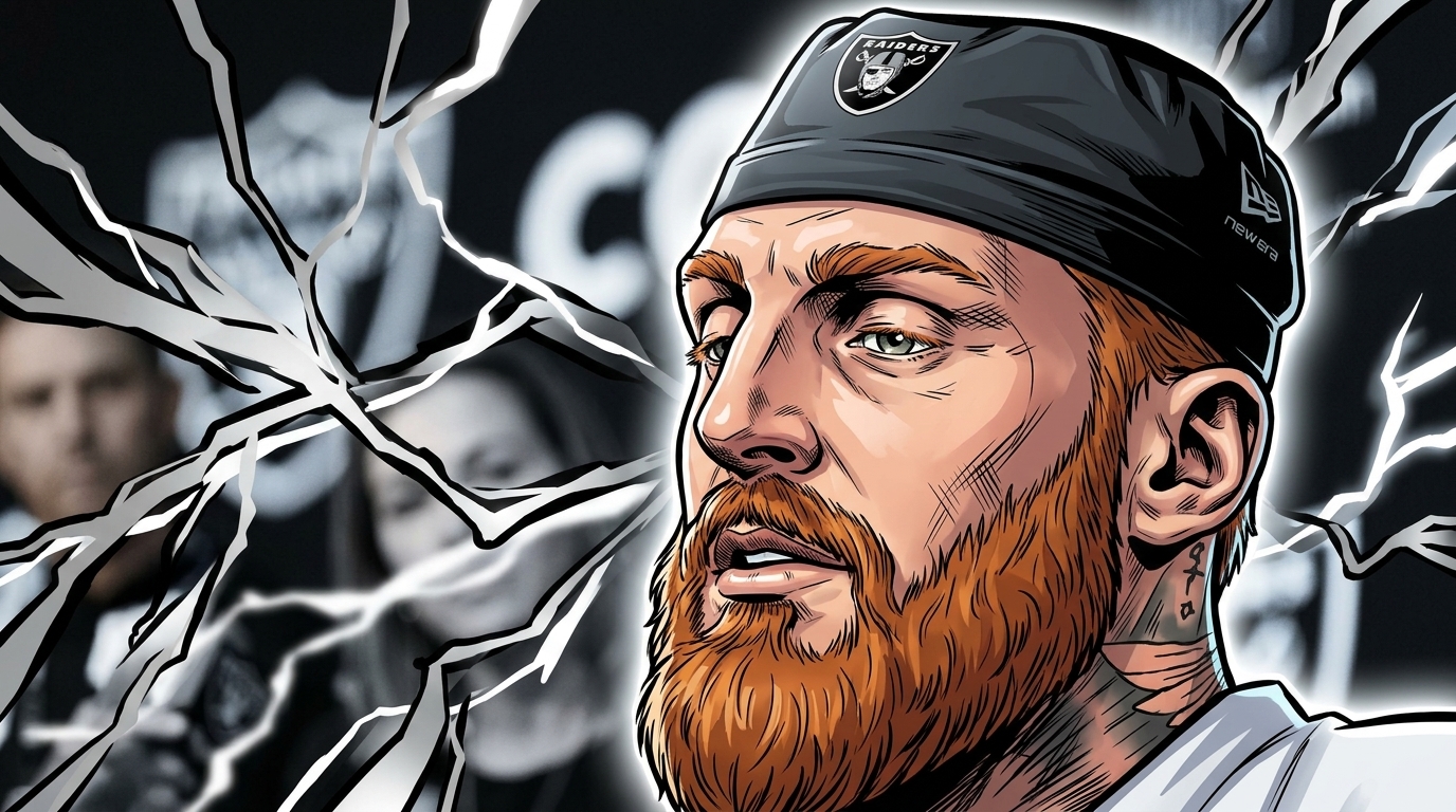 Maxx Crosby of the Las Vegas Raiders in comic book illustration style, close-up portrait wearing a black Raiders skull cap and white jersey, red beard, electric light-streak effect background.