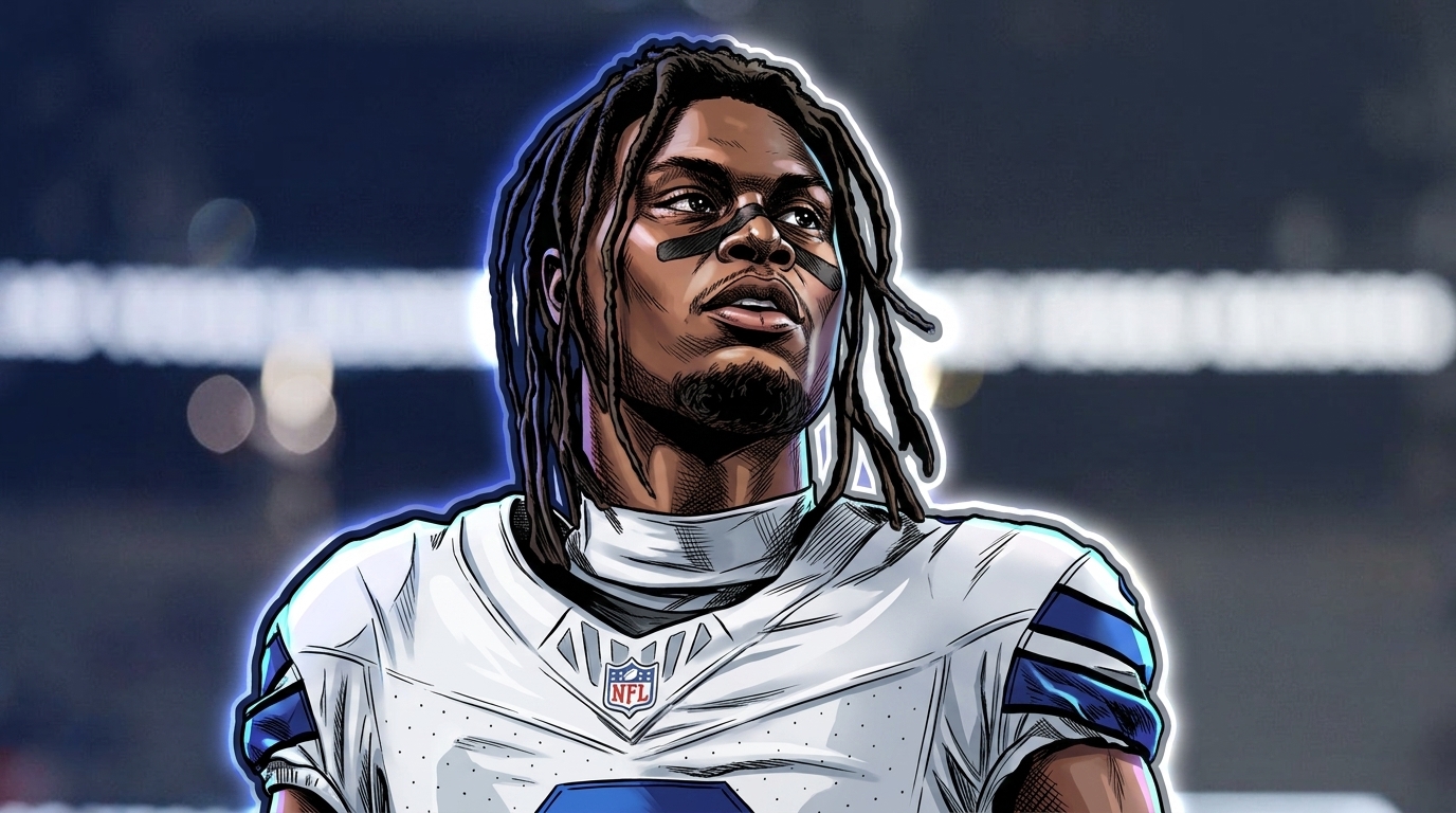George Pickens in Dallas Cowboys uniform, comic book illustration style with neon rim glow effect