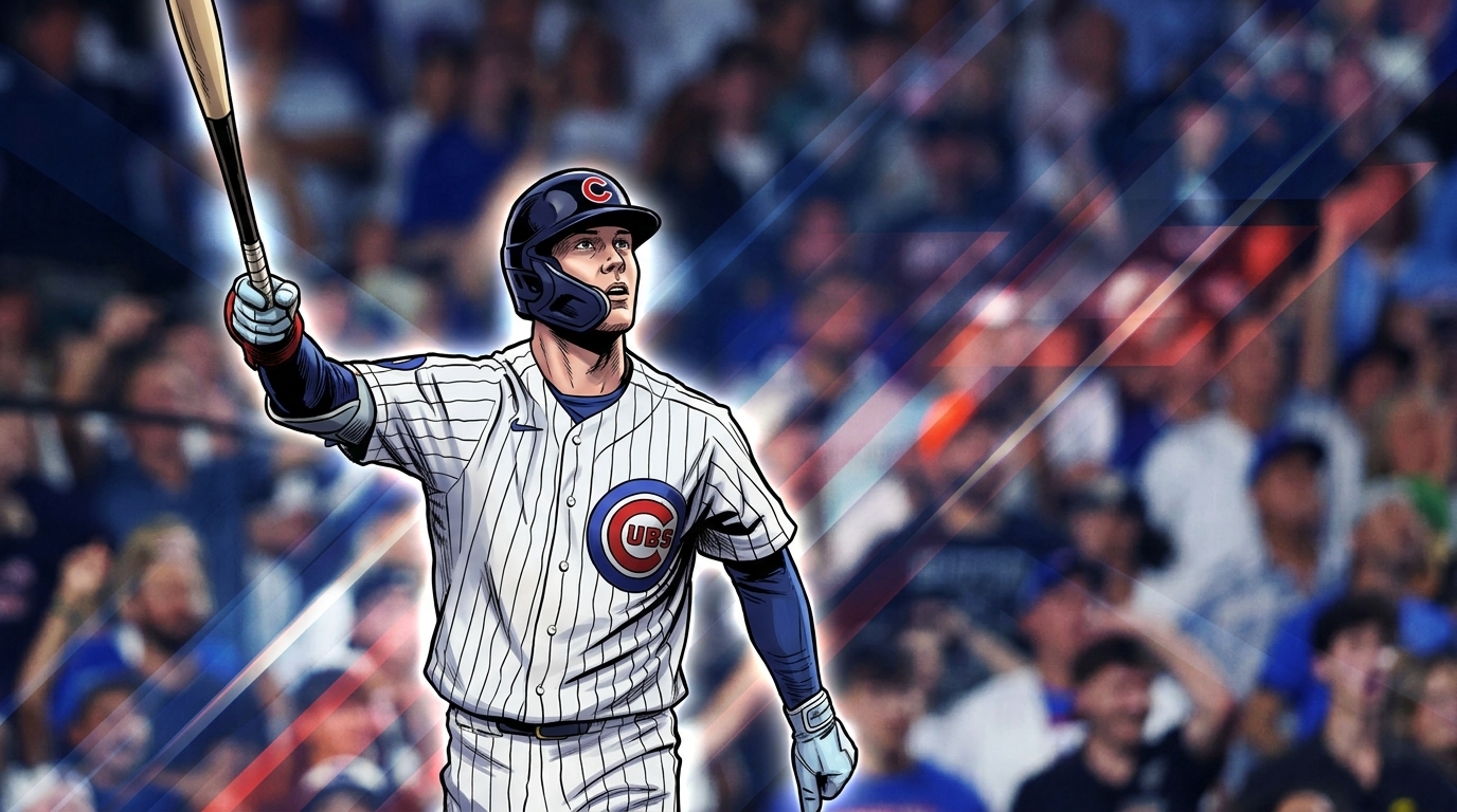 Comic-style illustration of Pete Crow-Armstrong in a white Cubs pinstripe jersey holding a bat up, geometric light streaks effect against a Wrigley Field crowd background