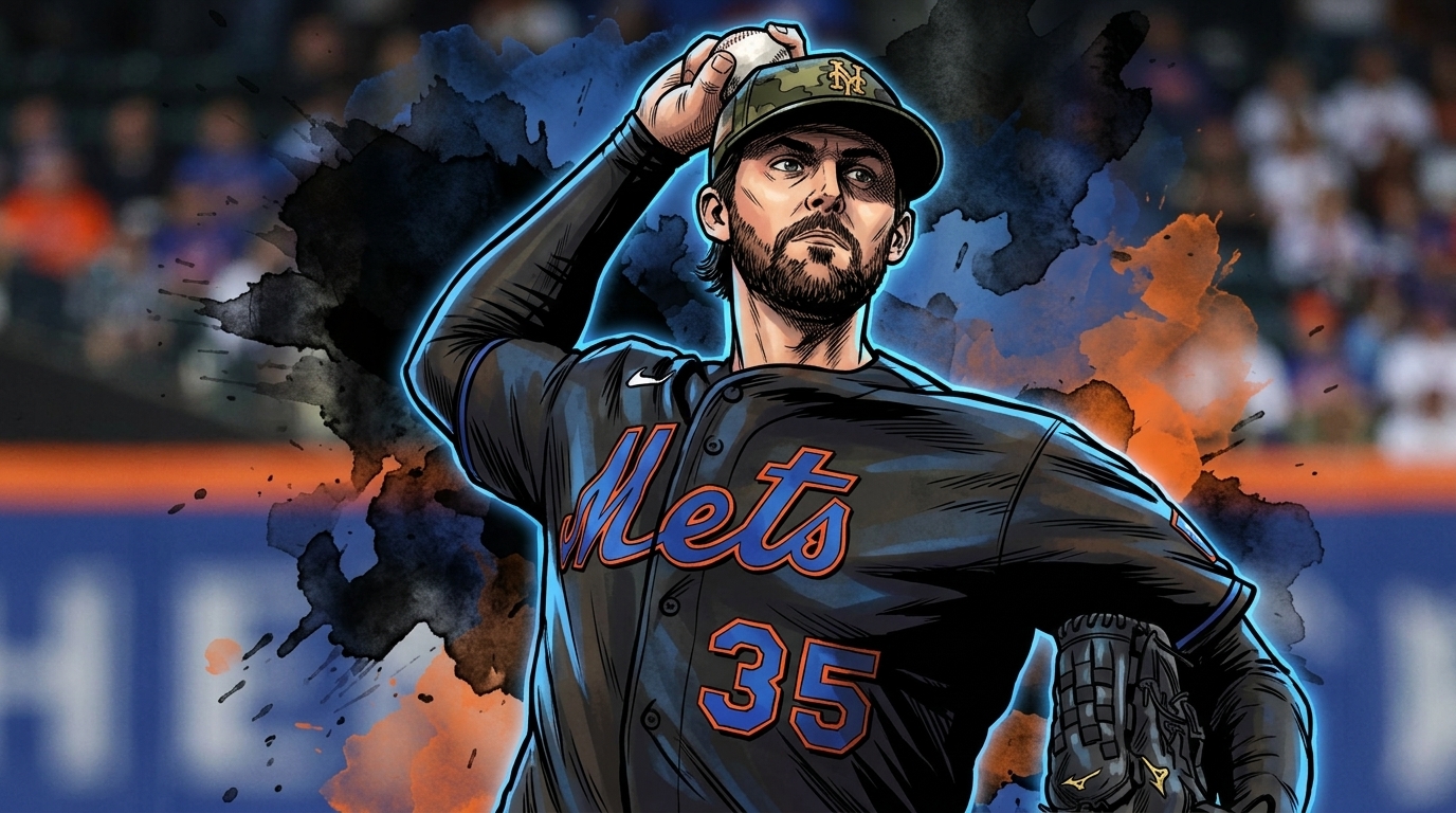 Comic-style illustration of Clay Holmes mid-pitch delivery