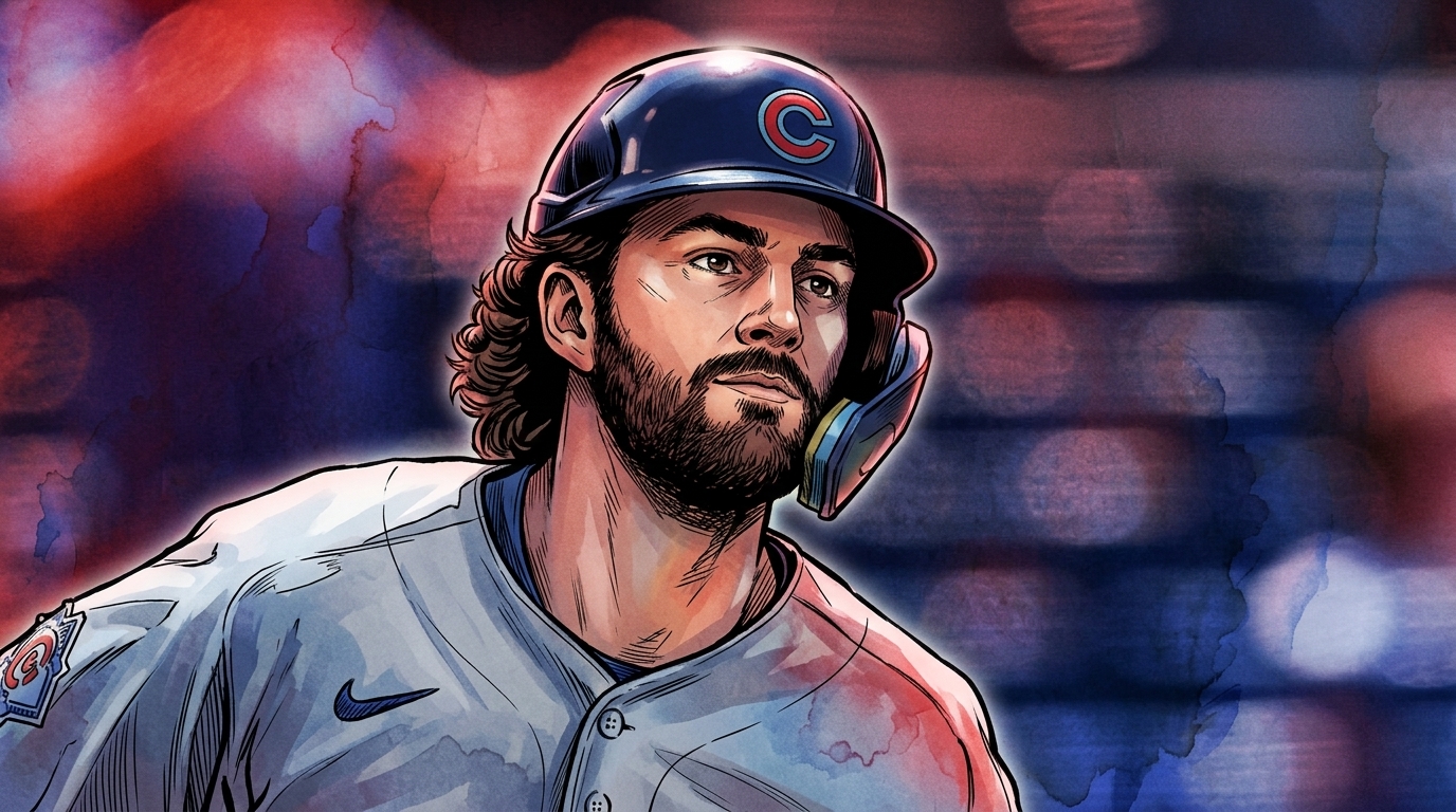 Comic-style illustration of a Chicago Cubs player in a road grey jersey and batting helmet